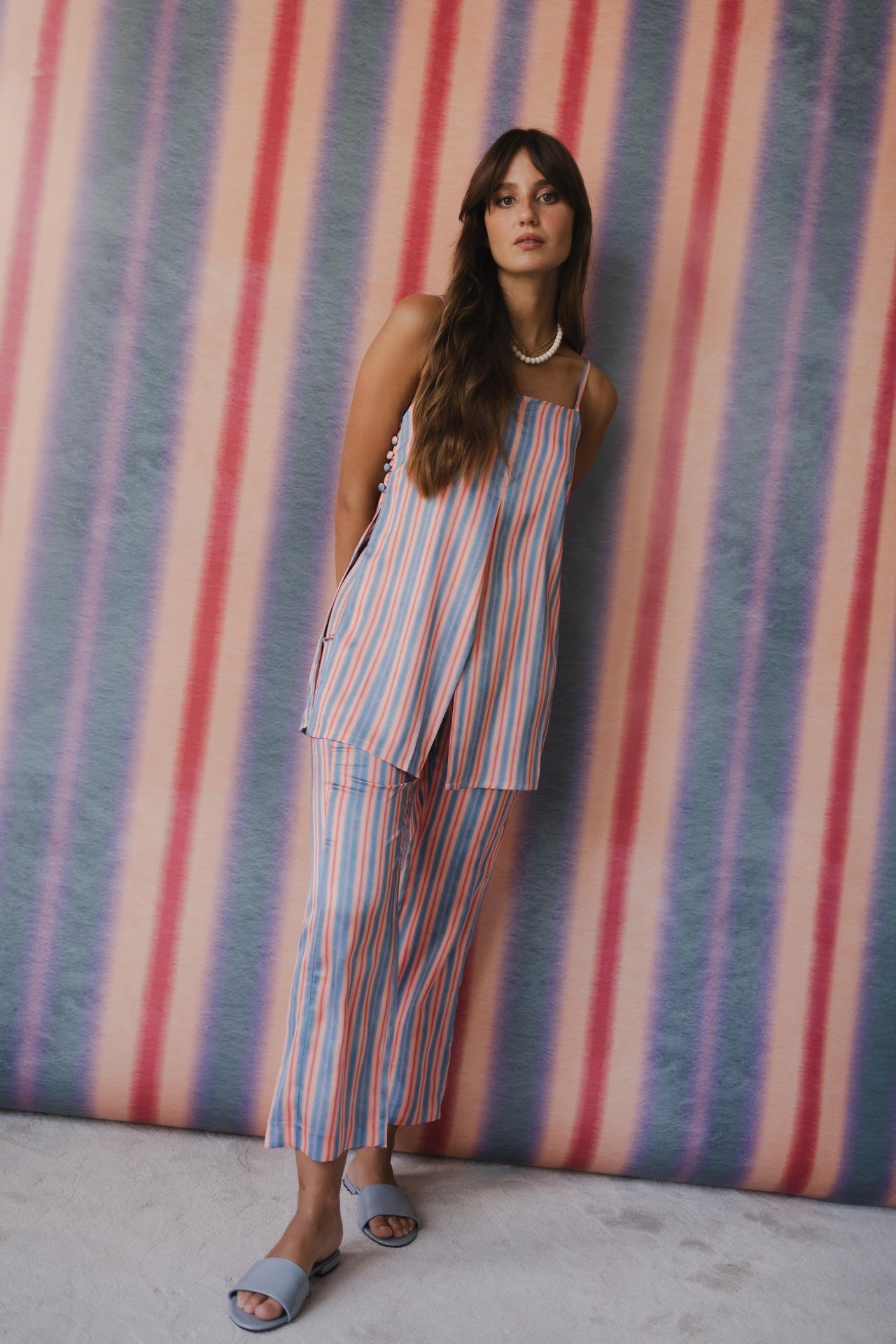 Calças Corte Reto Riscas Salmão e Verde