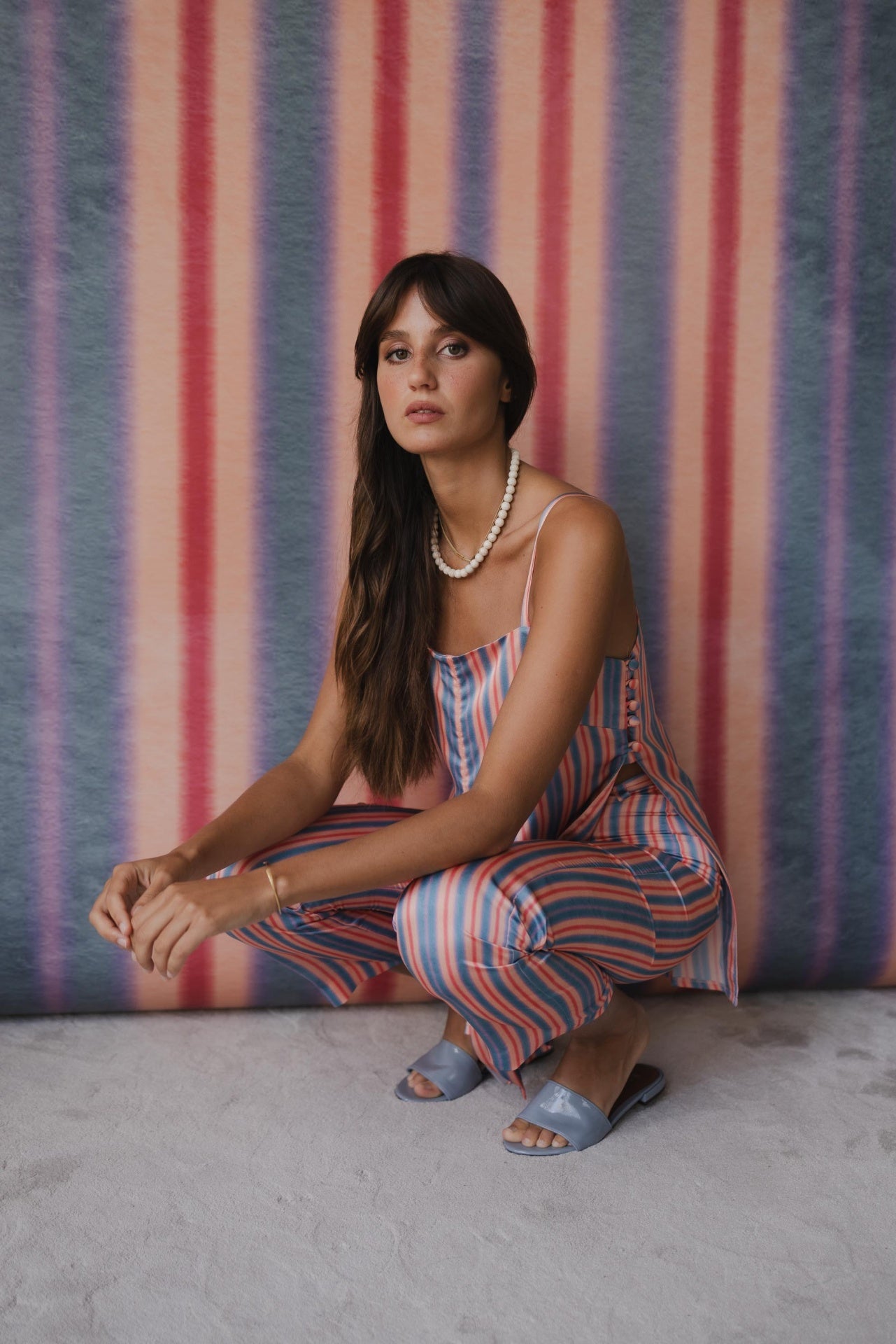 Calças Corte Reto Riscas Salmão e Verde