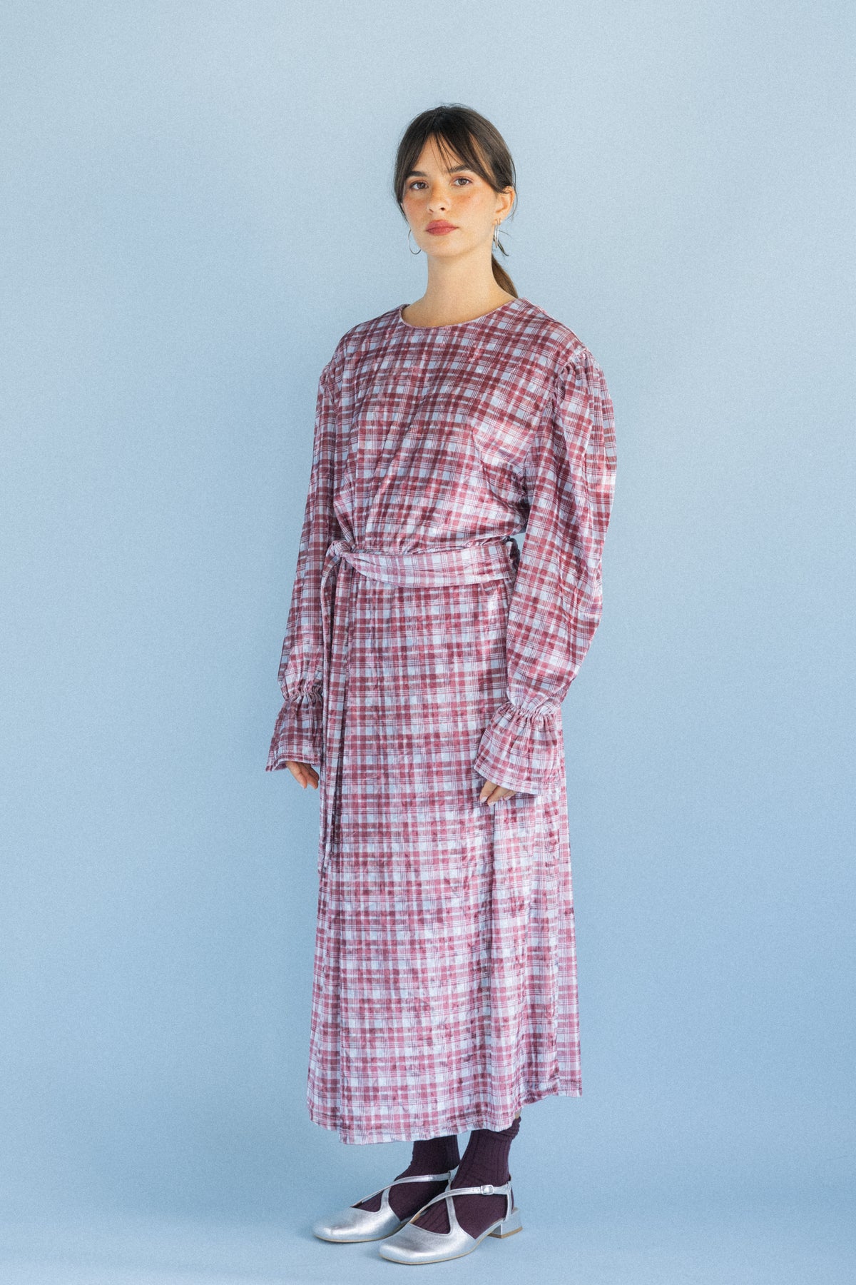 Vestido Midi com Cinto Veludo Xadrez