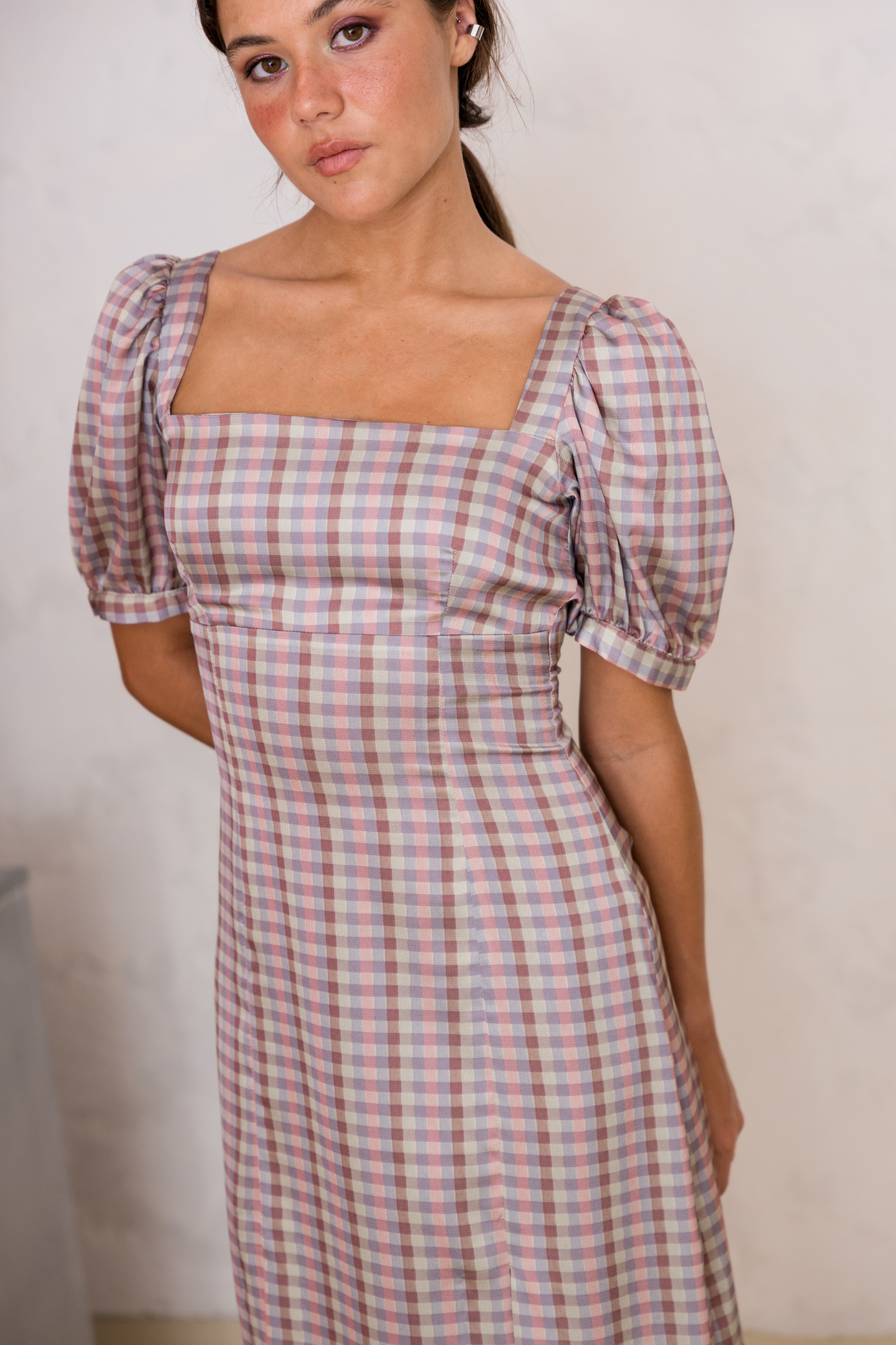 Vestido Mangas Balão Vichy