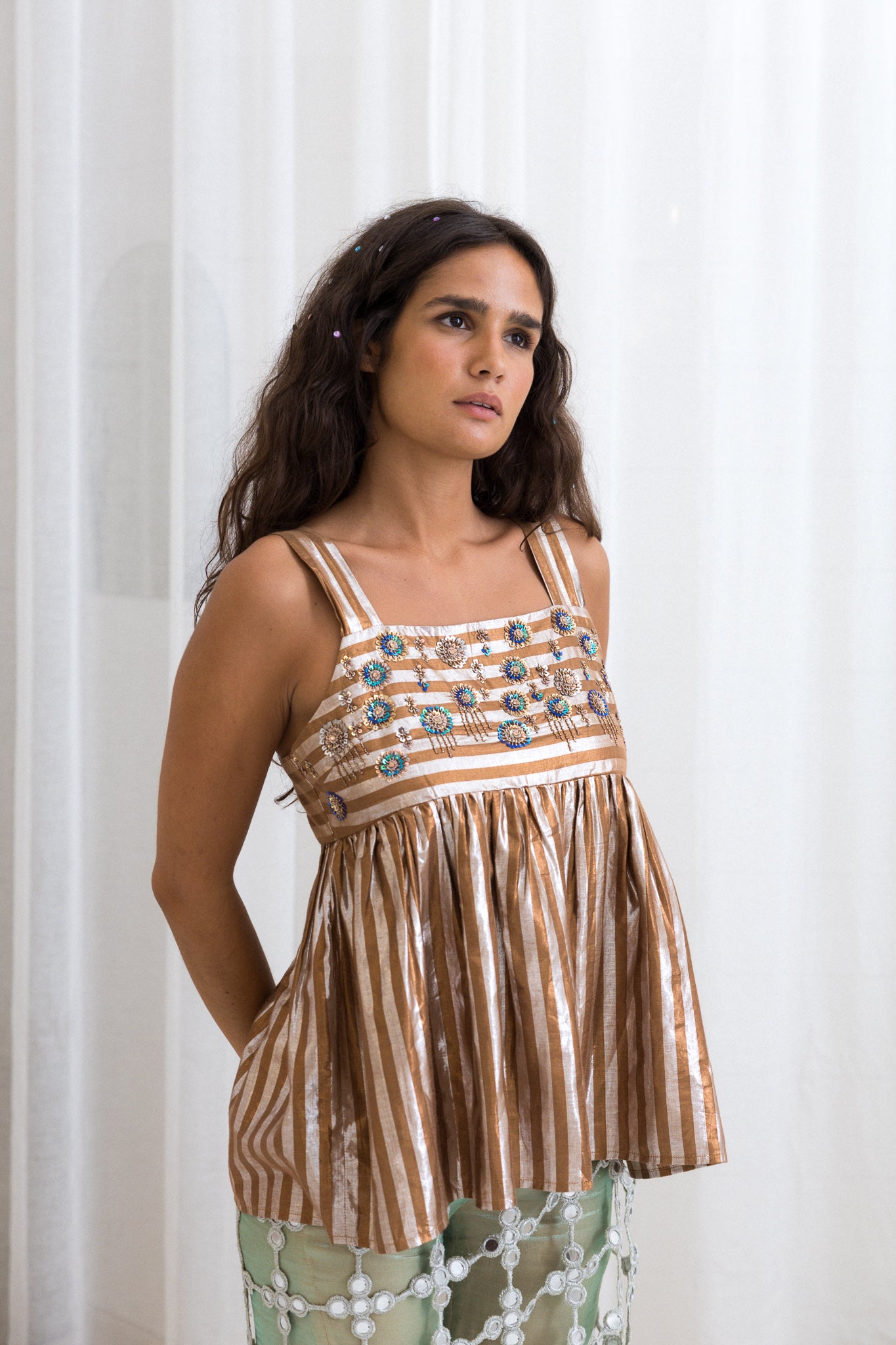 Embroidered Peplum Top Brown