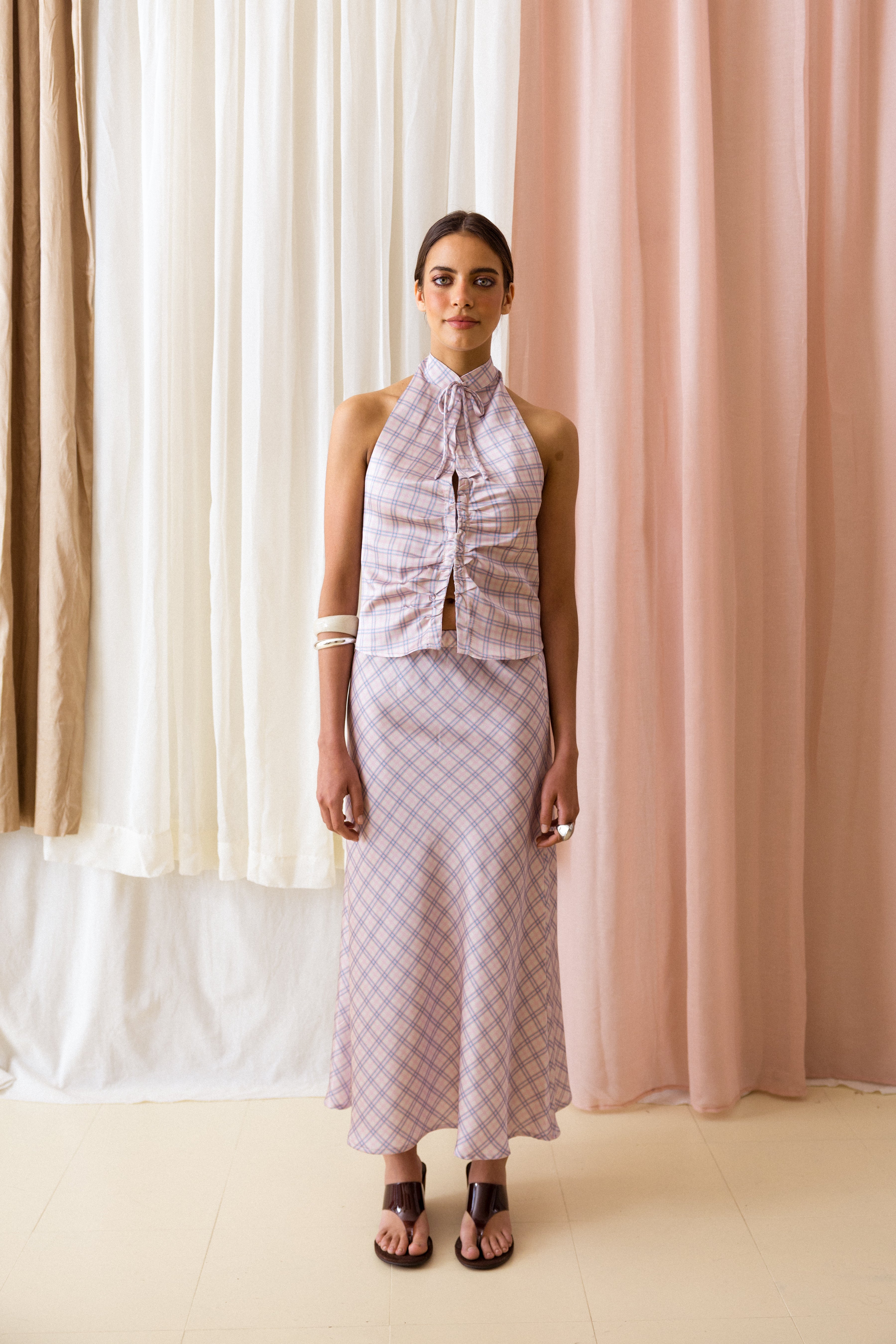 Top Gola Mandarim Xadrez Rosa e Azul