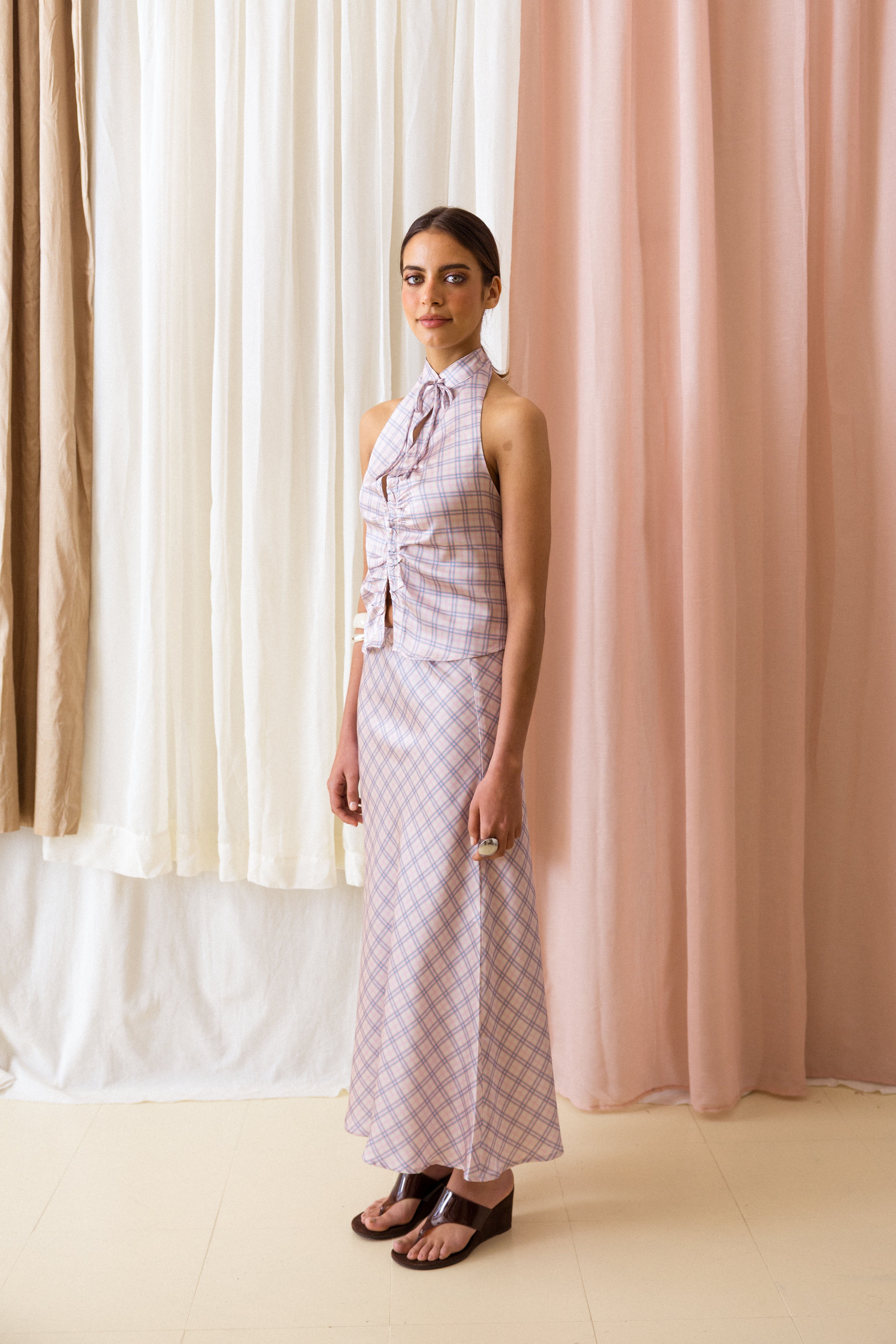 Top Gola Mandarim Xadrez Rosa e Azul