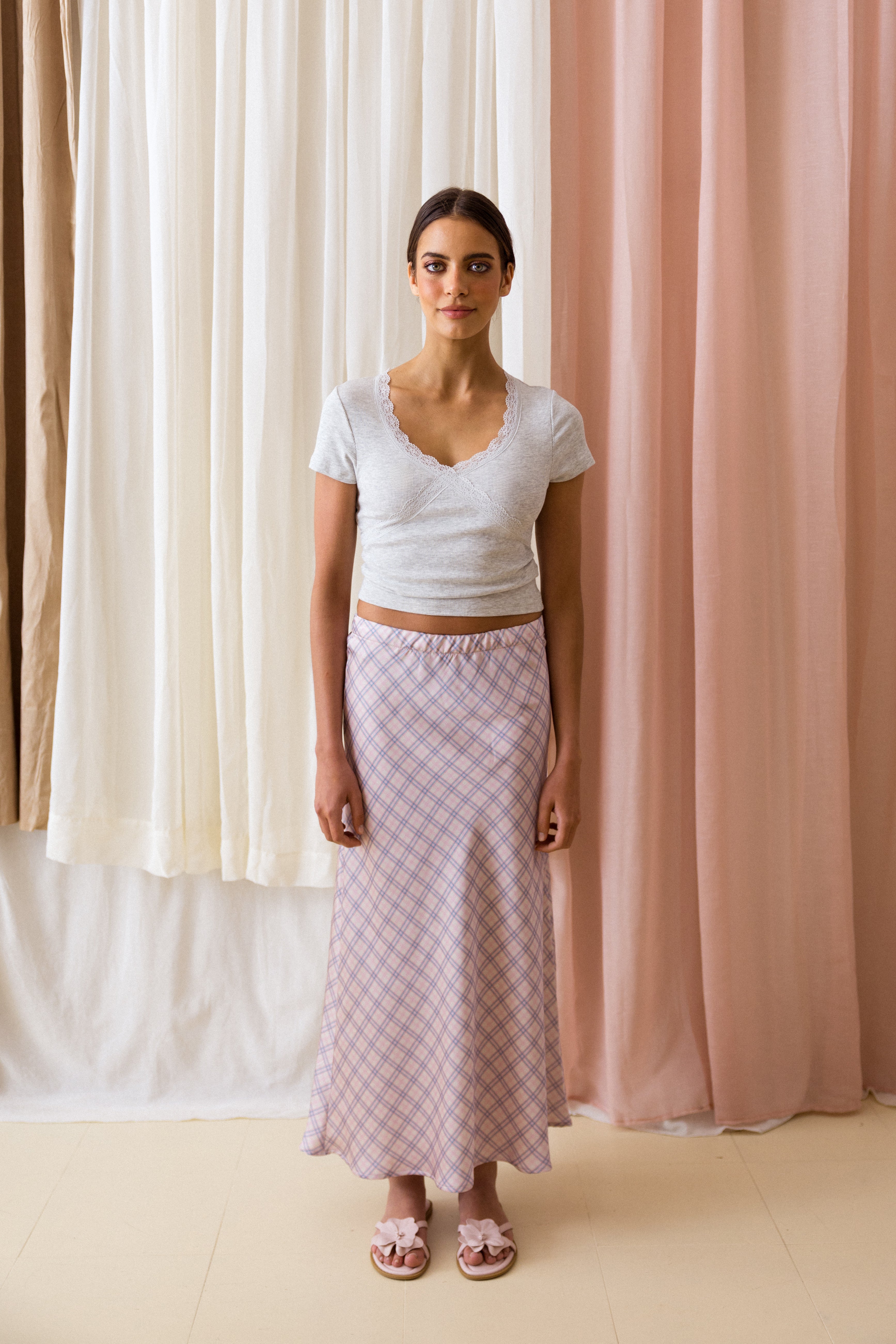 Saia Evasé Xadrez Rosa e Azul