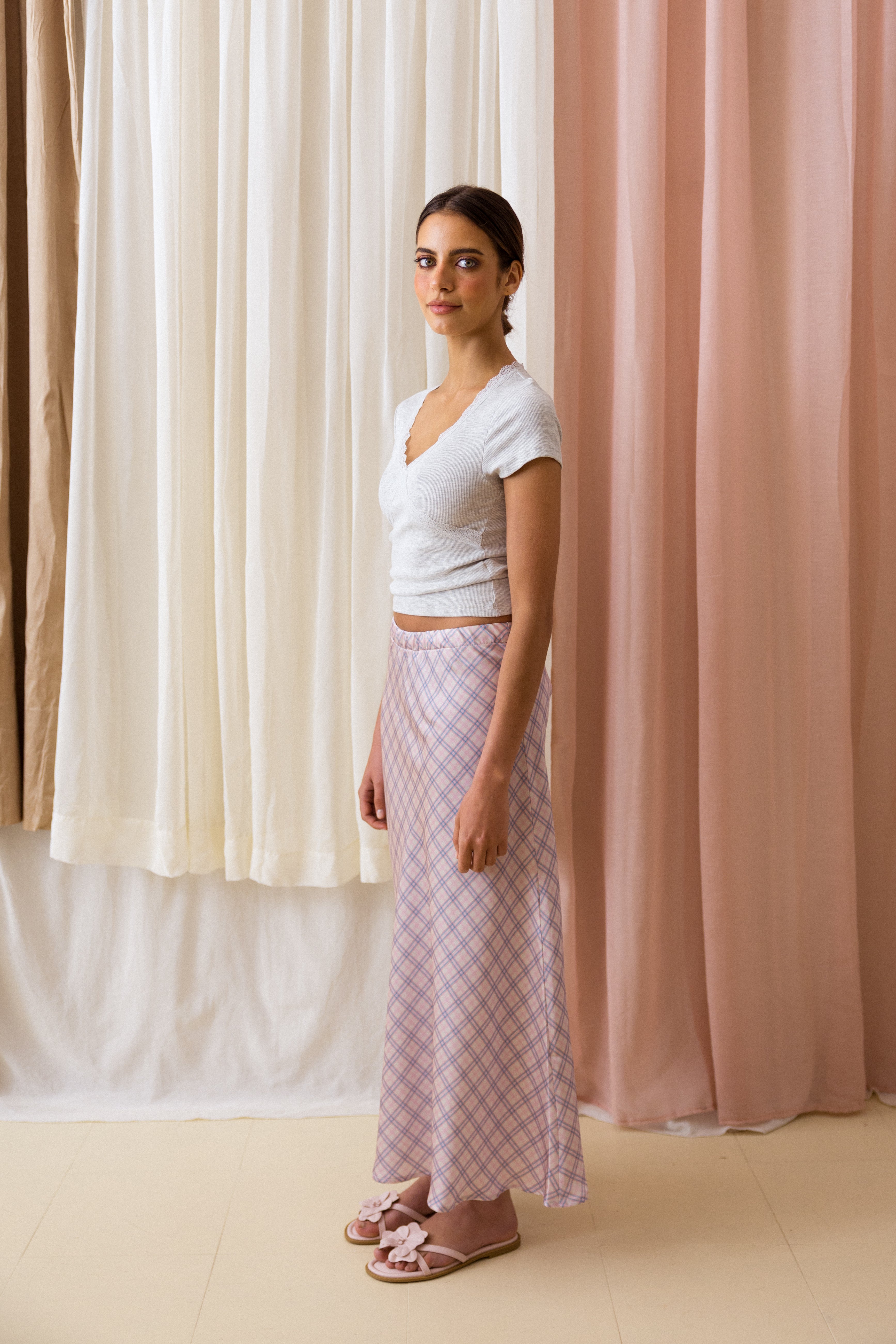 Saia Evasé Xadrez Rosa e Azul