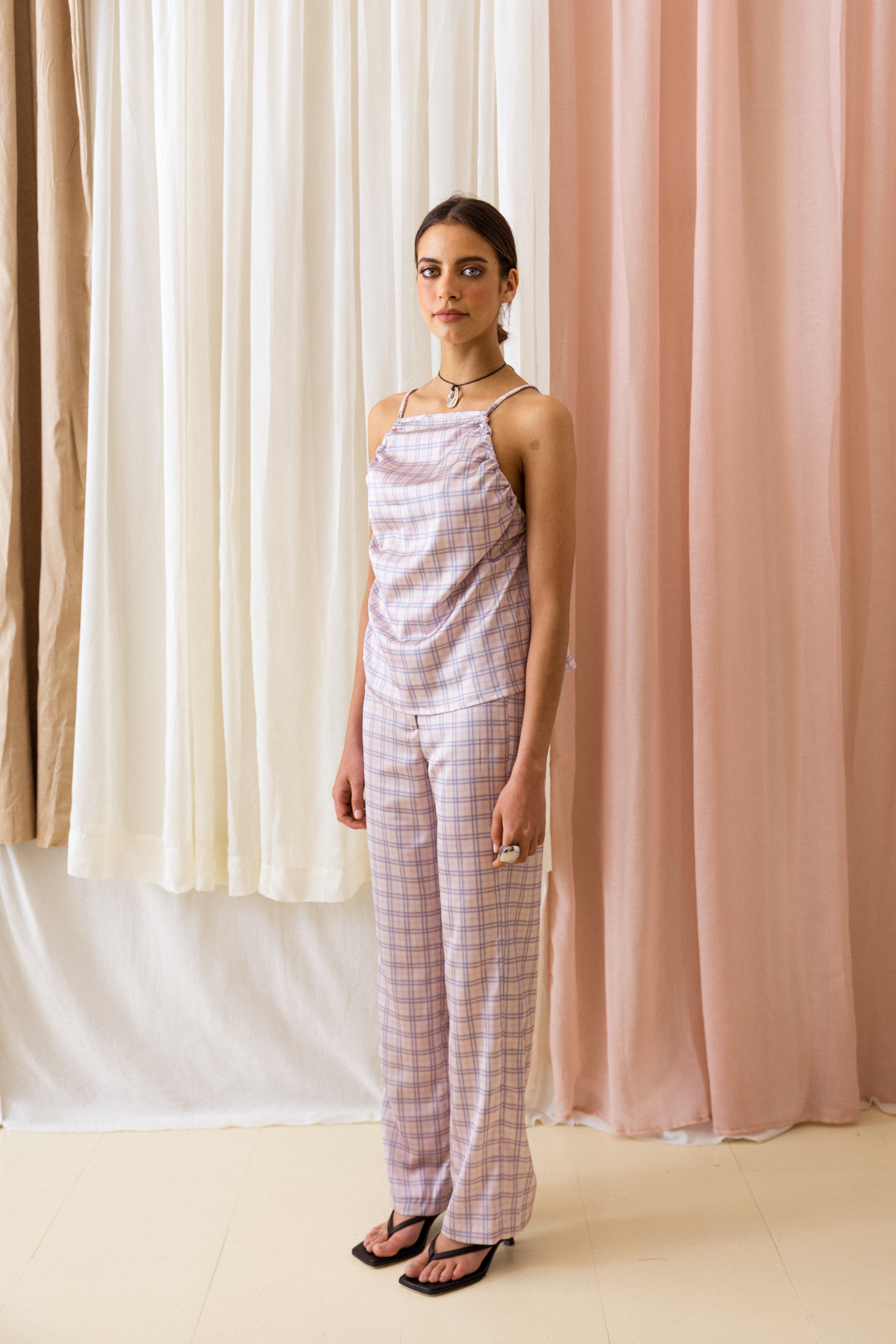 Top Alça Quadrada Xadrez Rosa e Azul