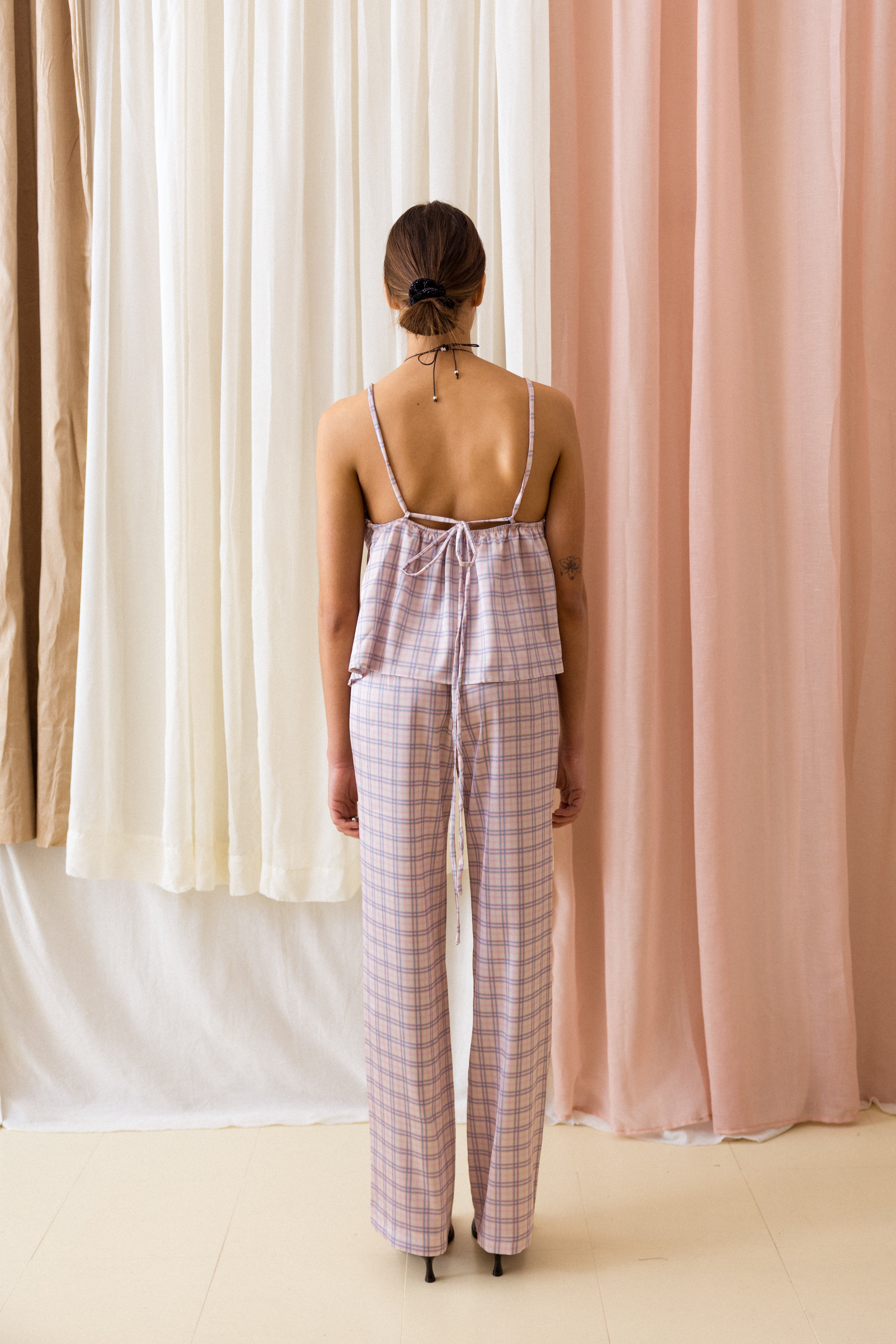 Top Alça Quadrada Xadrez Rosa e Azul