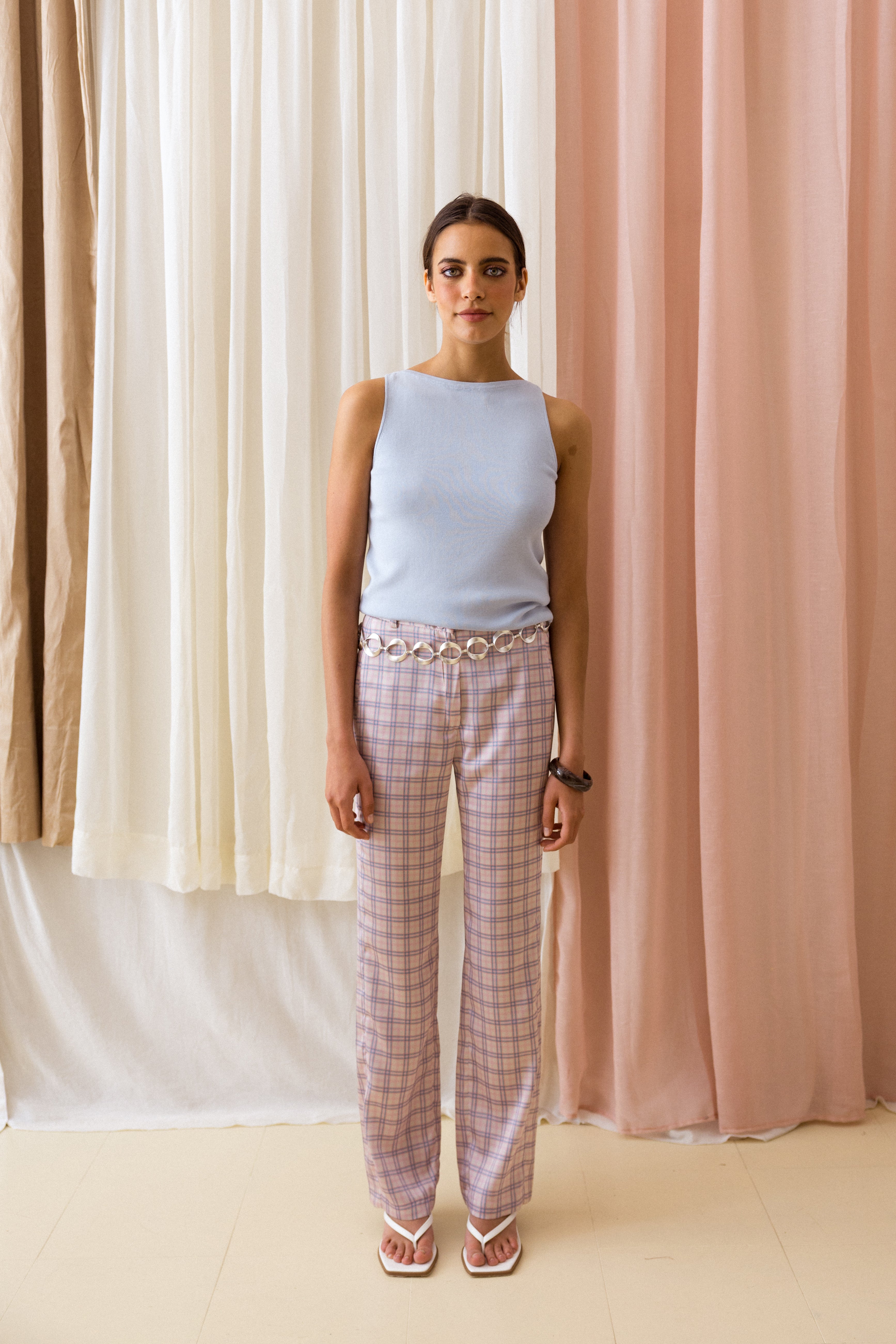 Calças de Corte Reto Xadrez Rosa e Azul