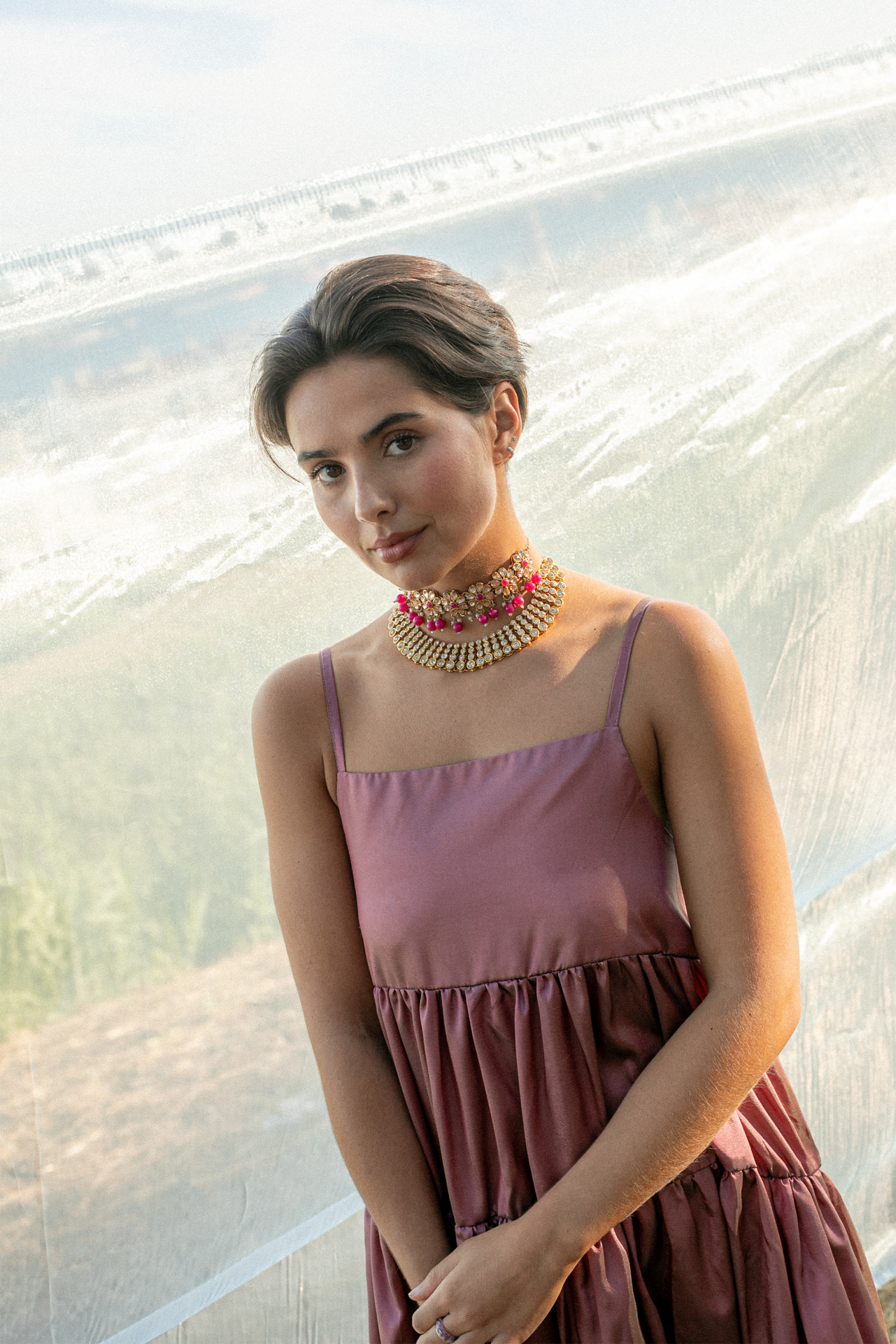 Vestido Rebuçado Rosa Velho com Acessório