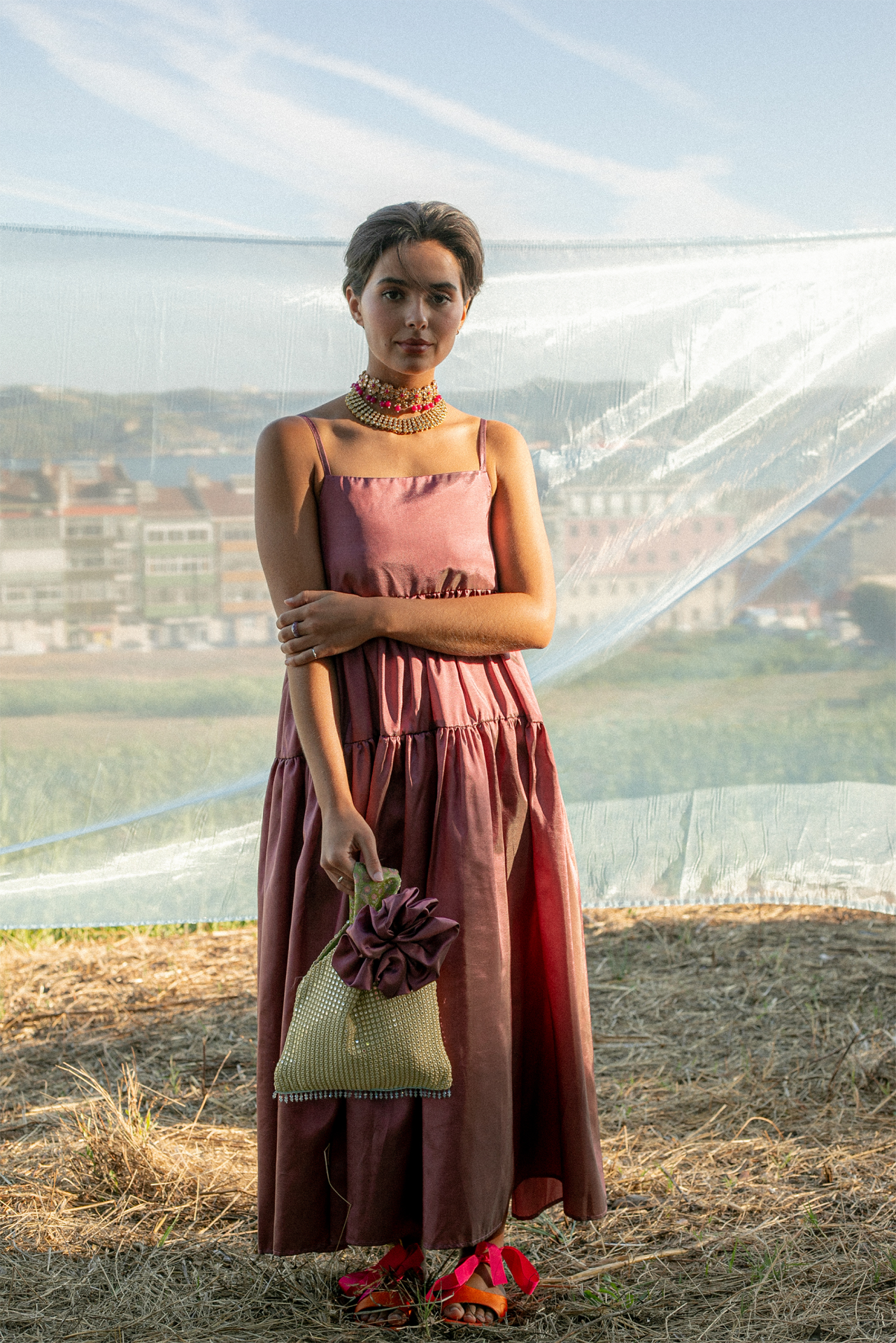 Vestido Rebuçado Rosa Velho com Acessório