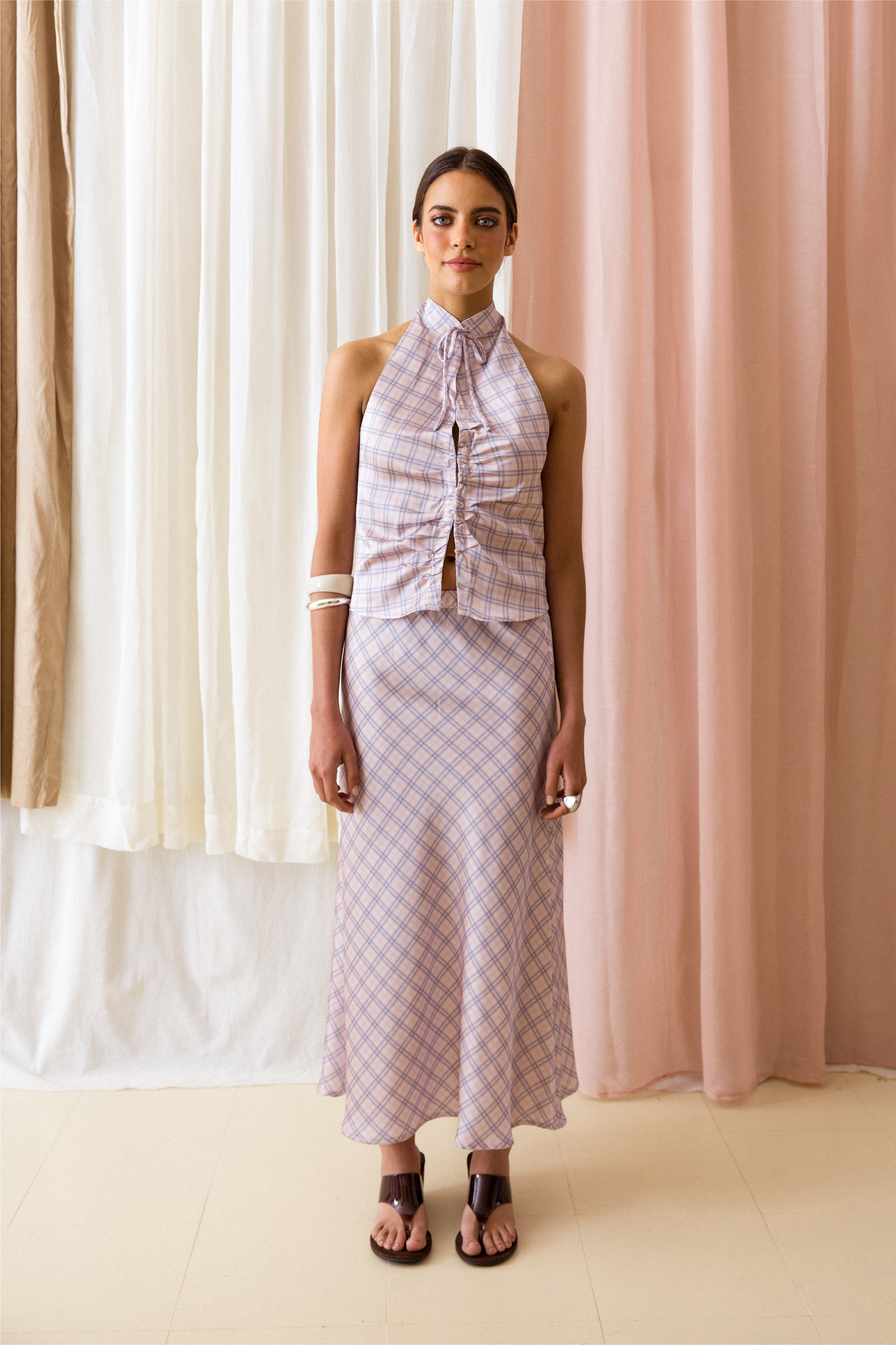 Top Gola Mandarim Xadrez Rosa e Azul