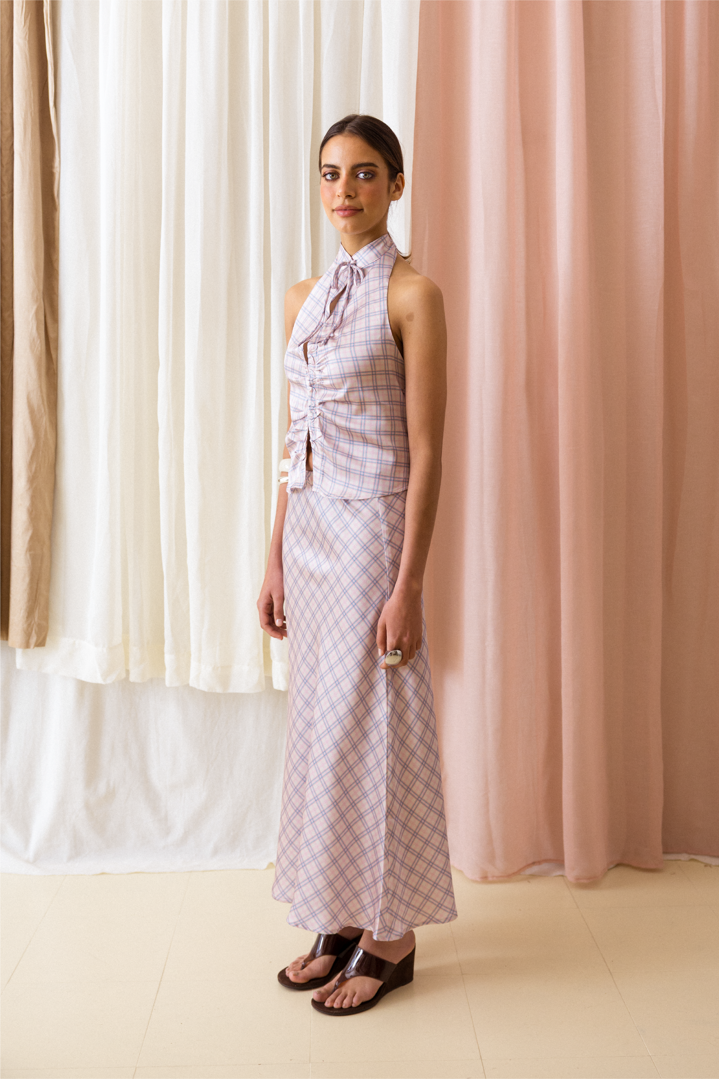 Top Gola Mandarim Xadrez Rosa e Azul