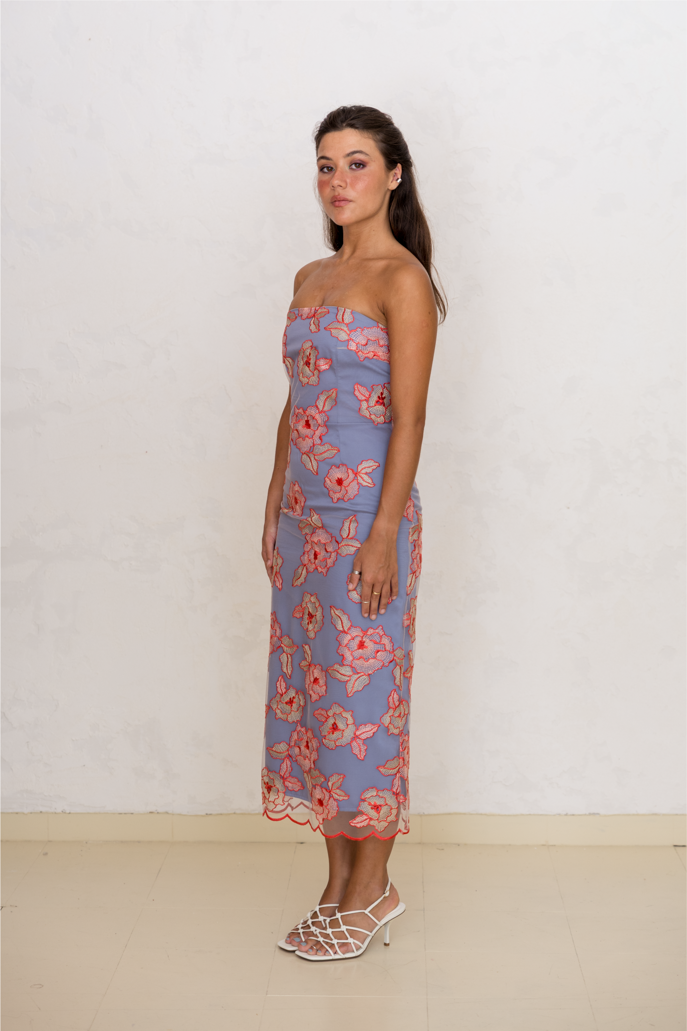 Vestido Caicai Tule Bordado Laranja