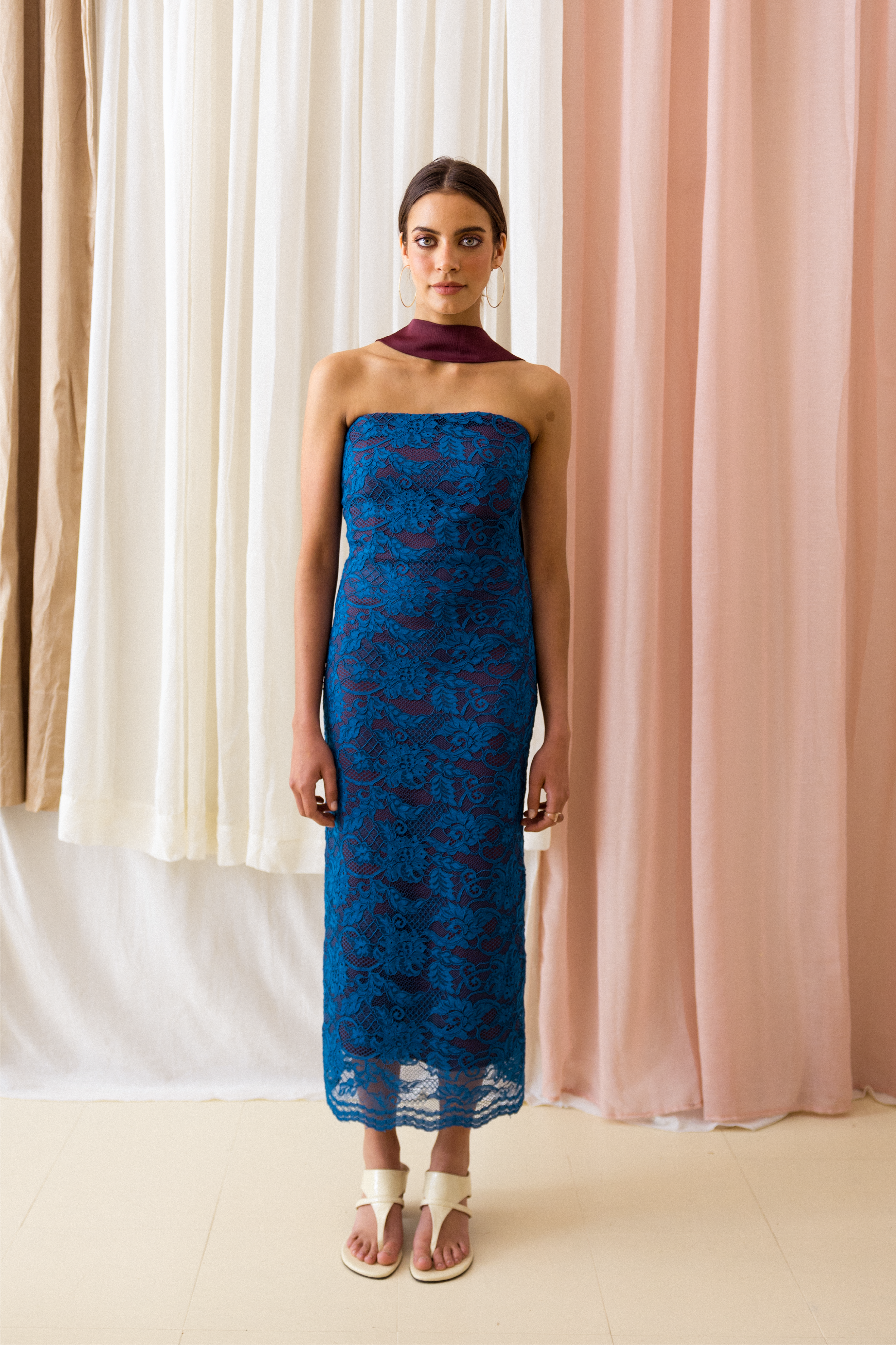 Lace Strapless Dress Blue with Scarf