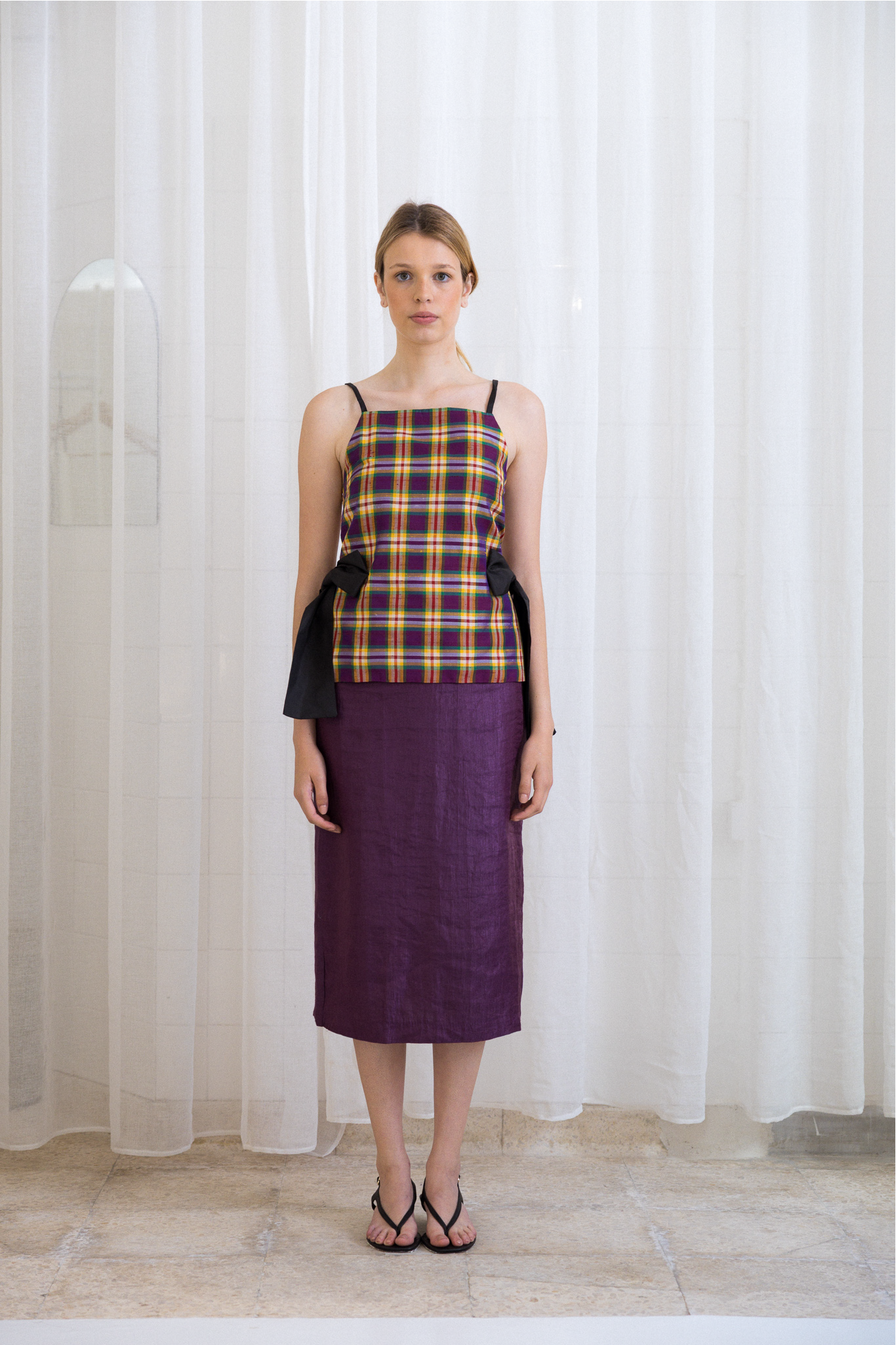 Top Laços Xadrez Roxo e Amarelo