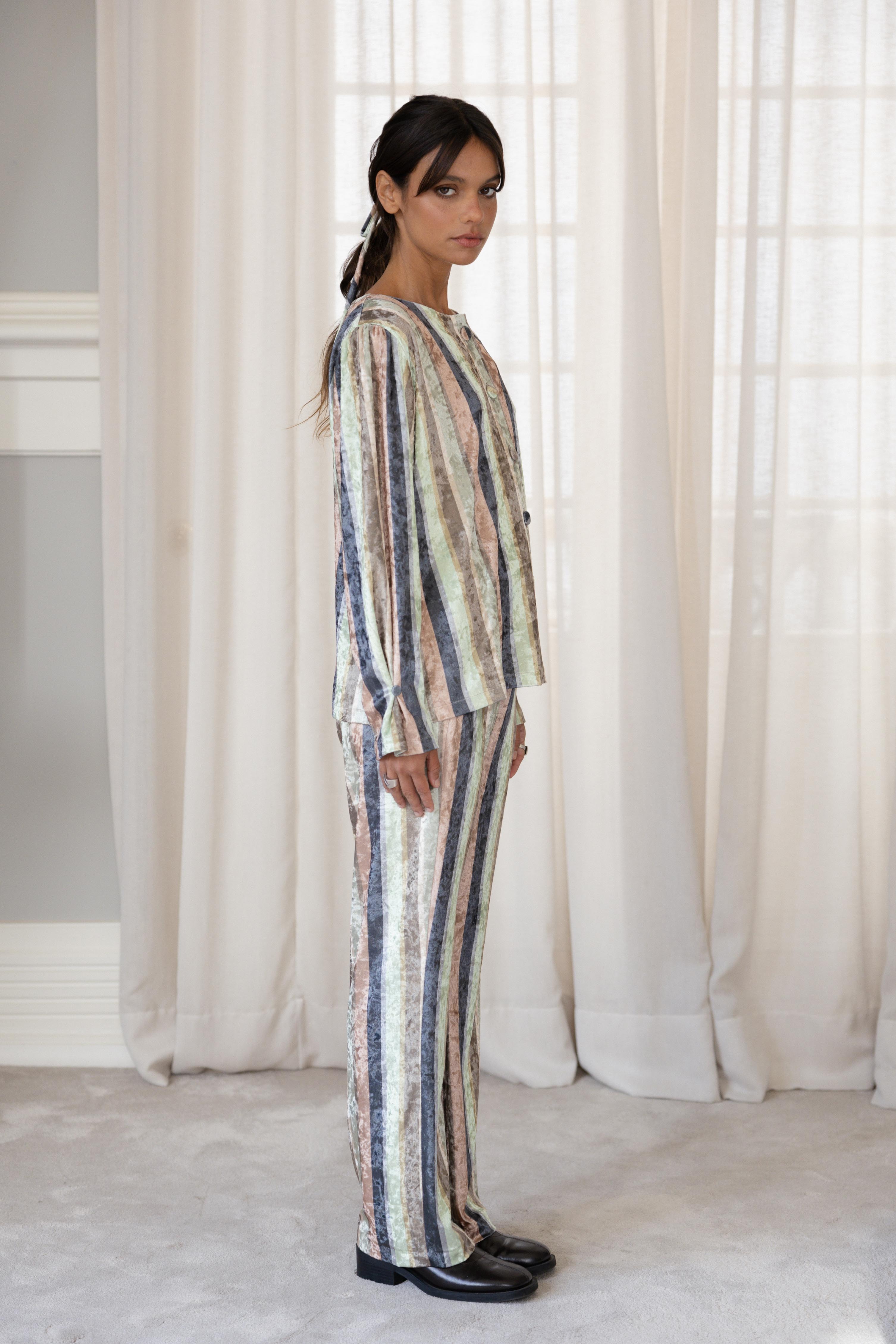 Round-Collar Shirt Striped Velvet