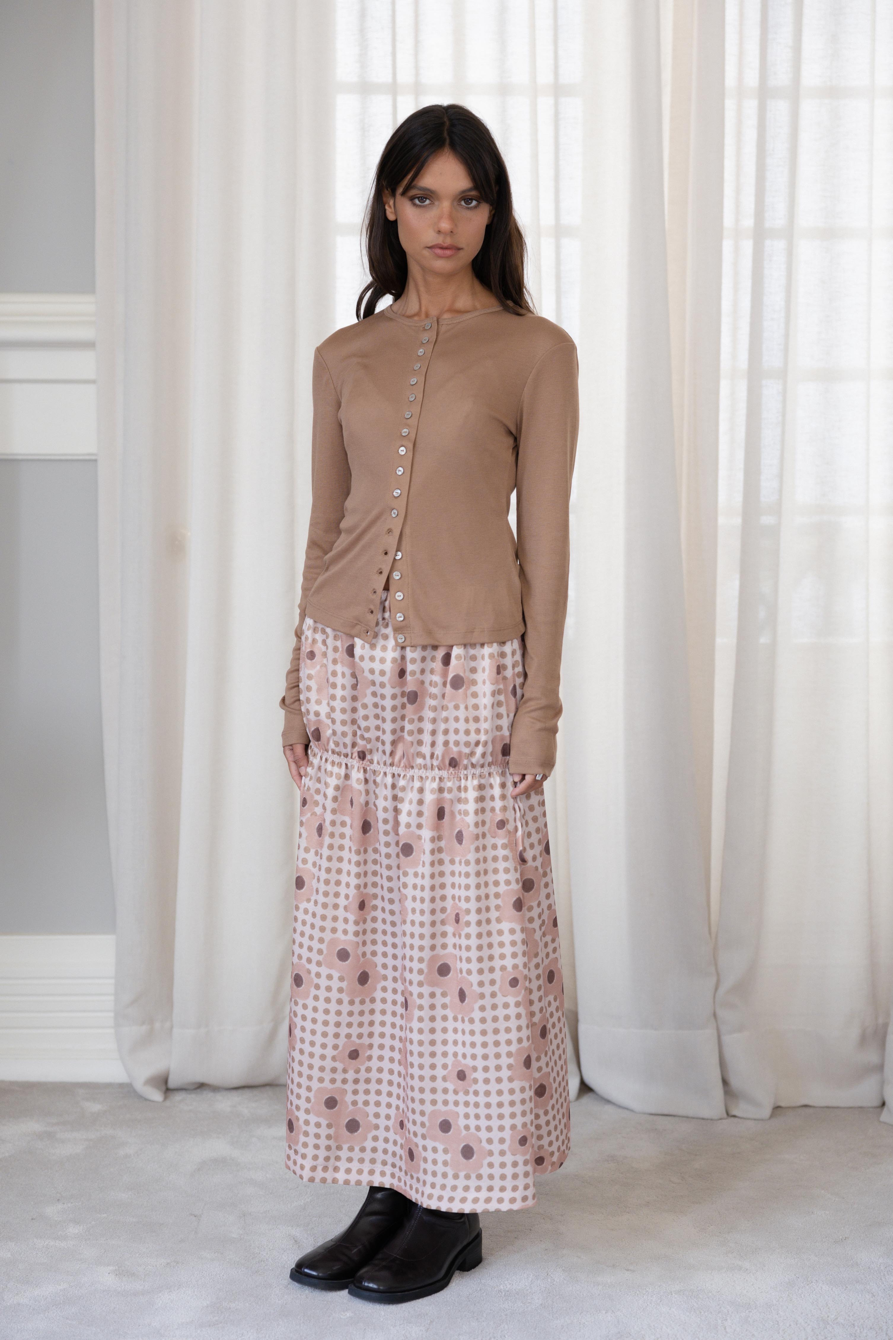 Saia Evasé Franzida Polka Dots e Flores