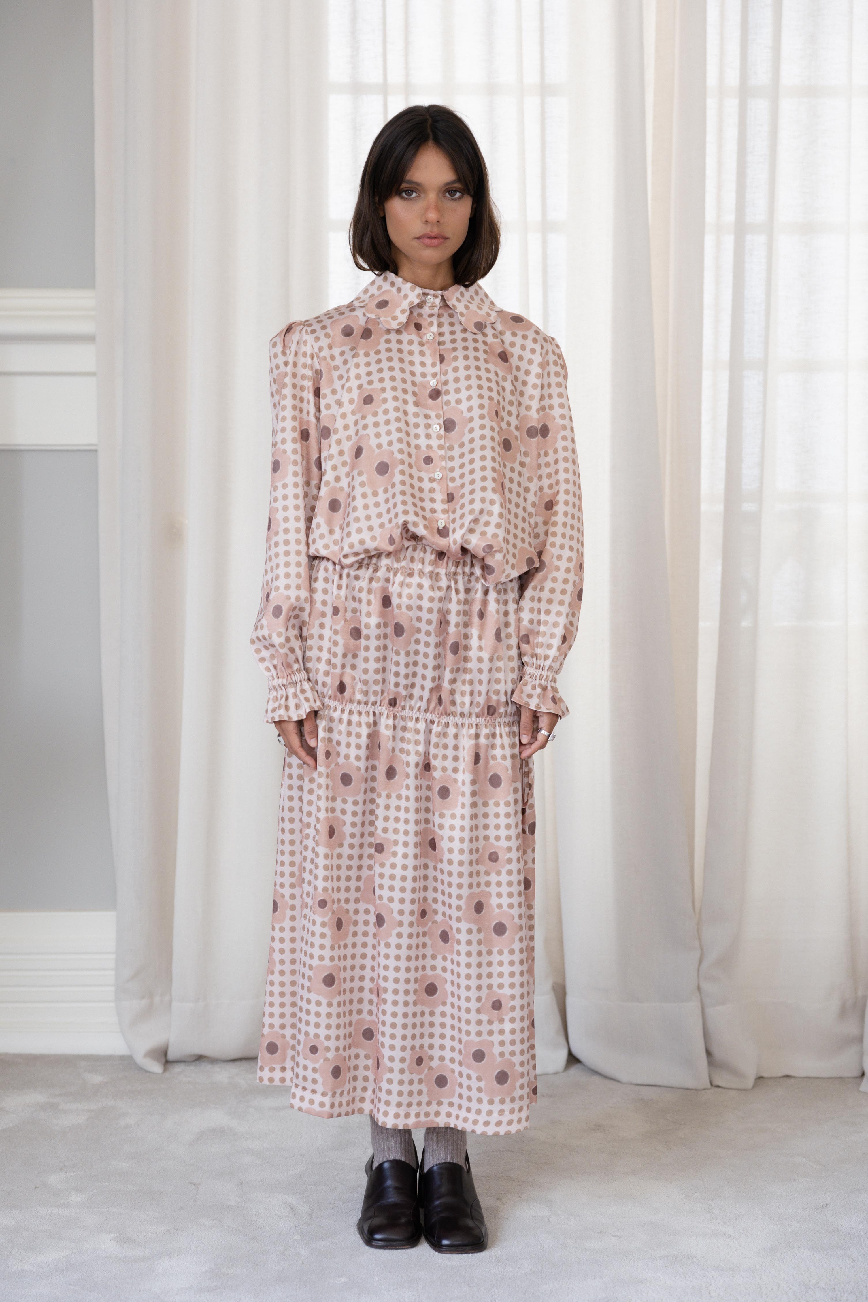 Cutout-Collar Shirt Polka Dots and Flowers