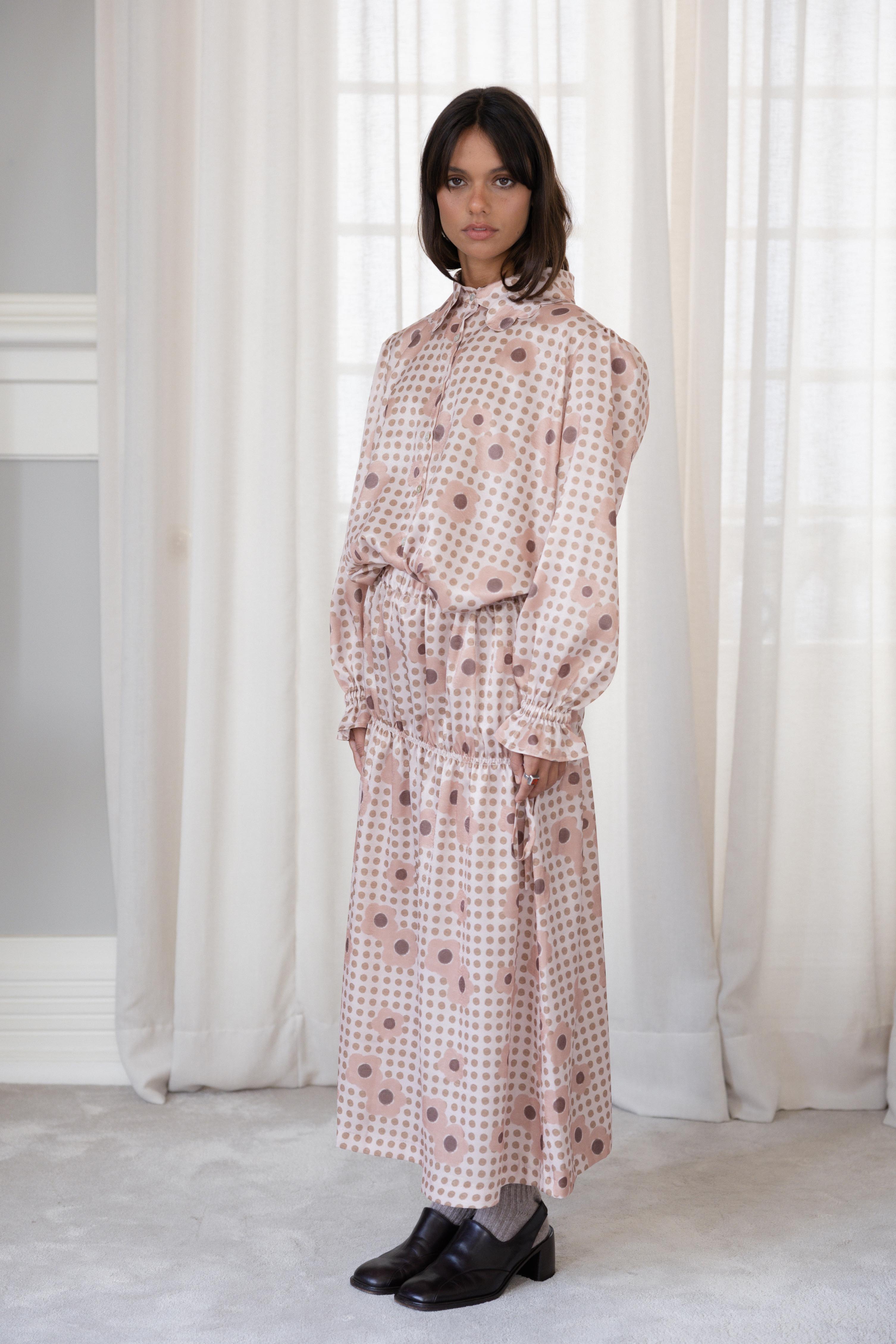 Flared Shirred Skirt Polka Dots and Flowers