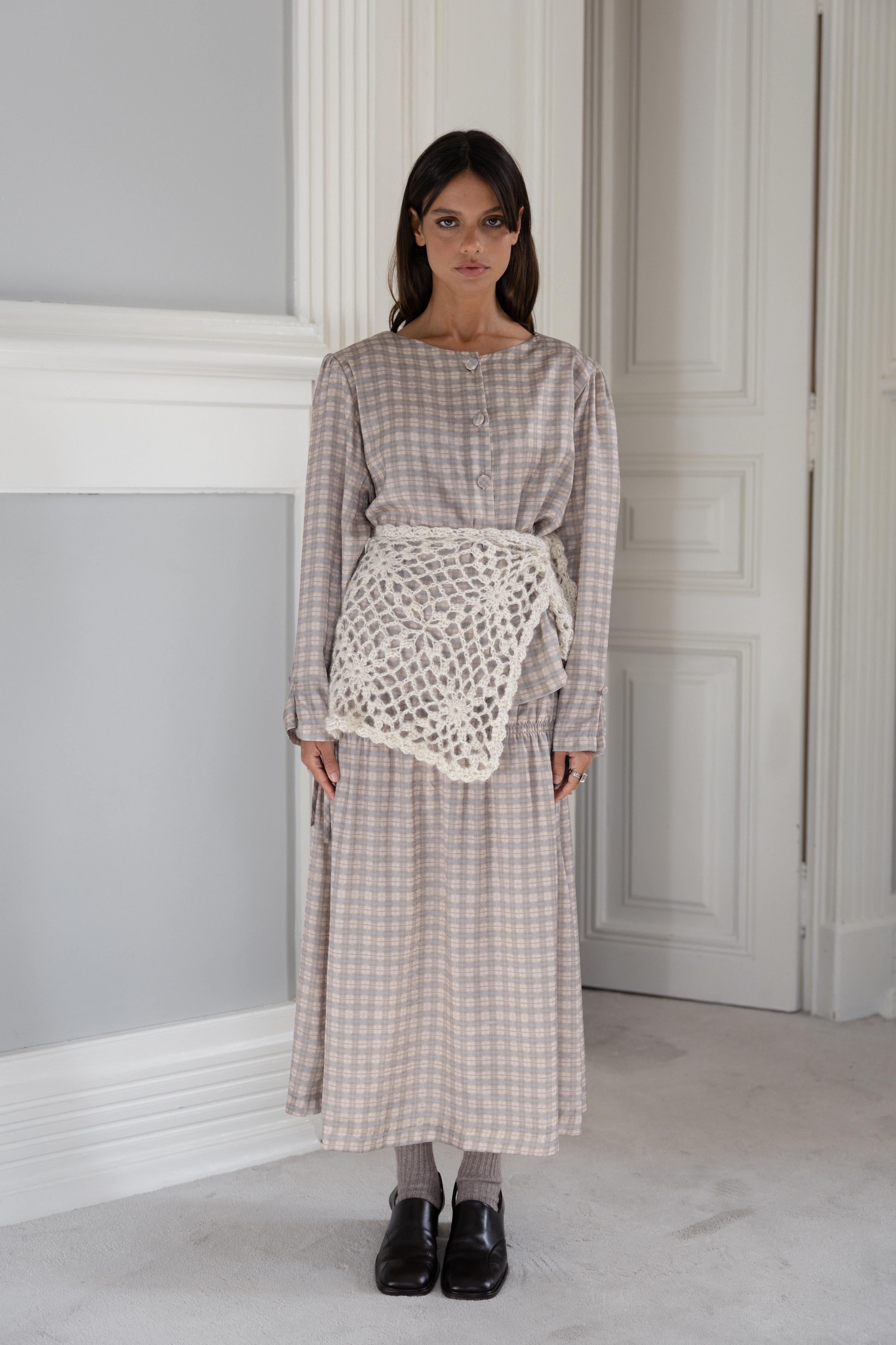 Flared Shirred Skirt Pink and Green Tartan