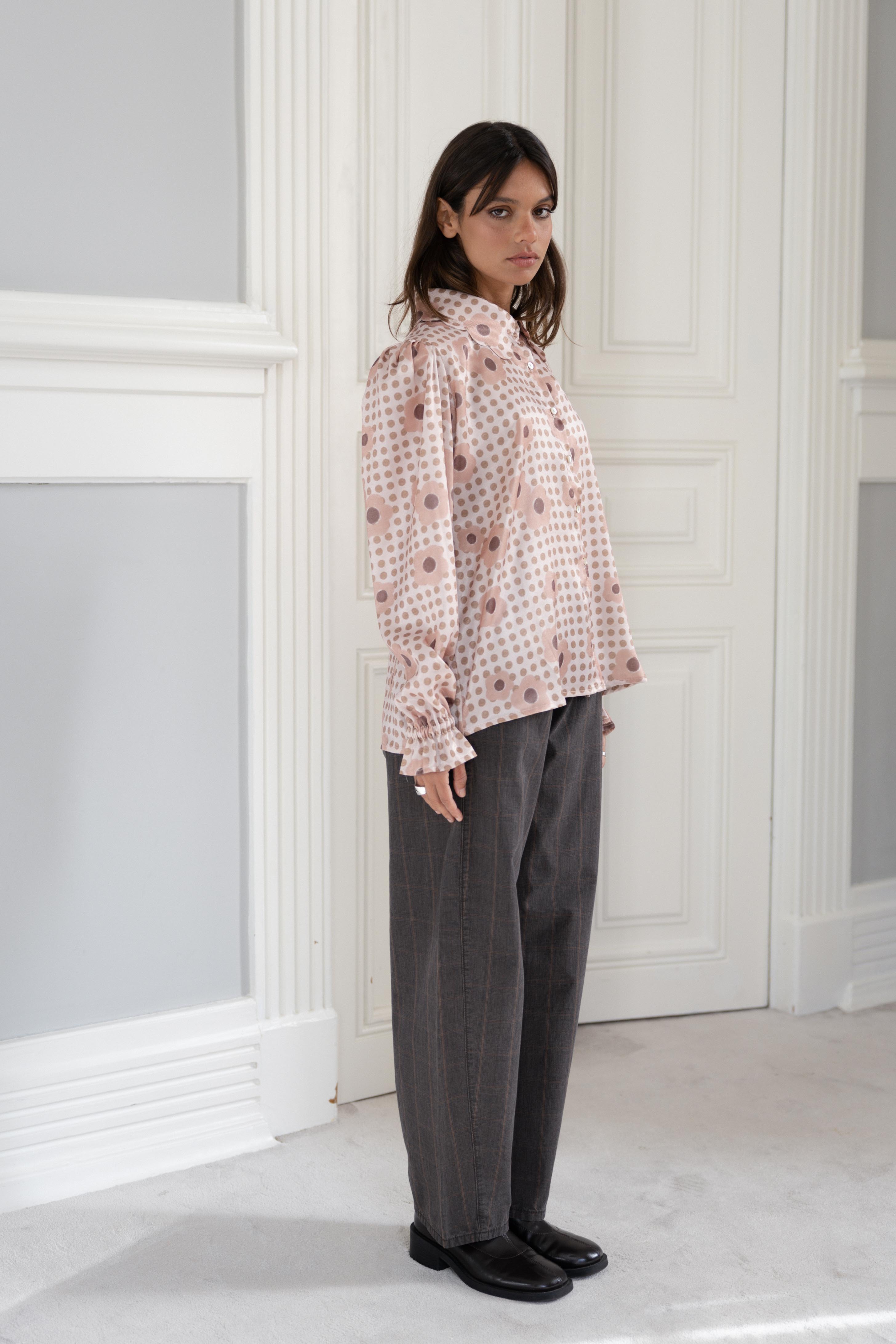 Cutout-Collar Shirt Polka Dots and Flowers