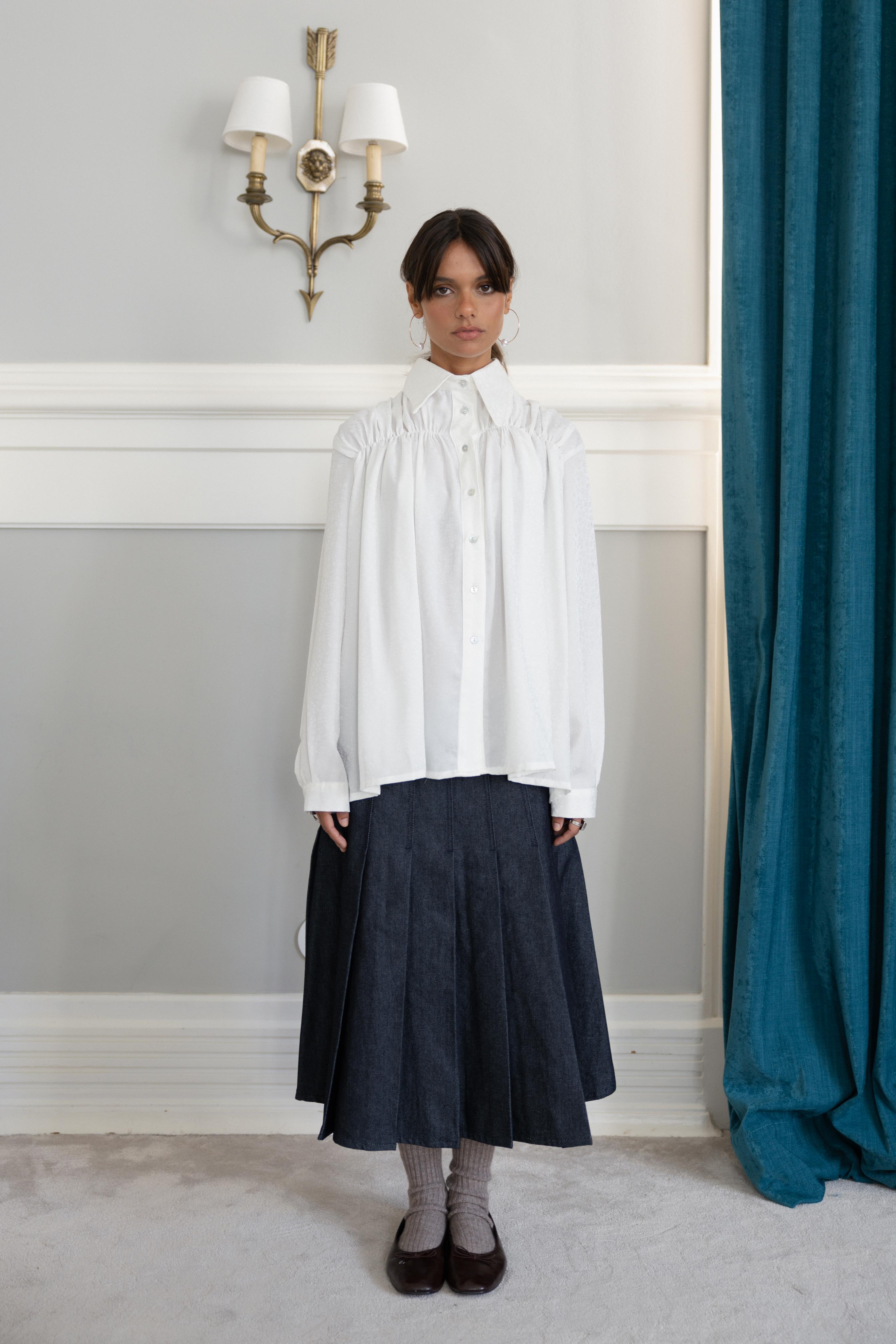 Shirred Shirt White Jacquard