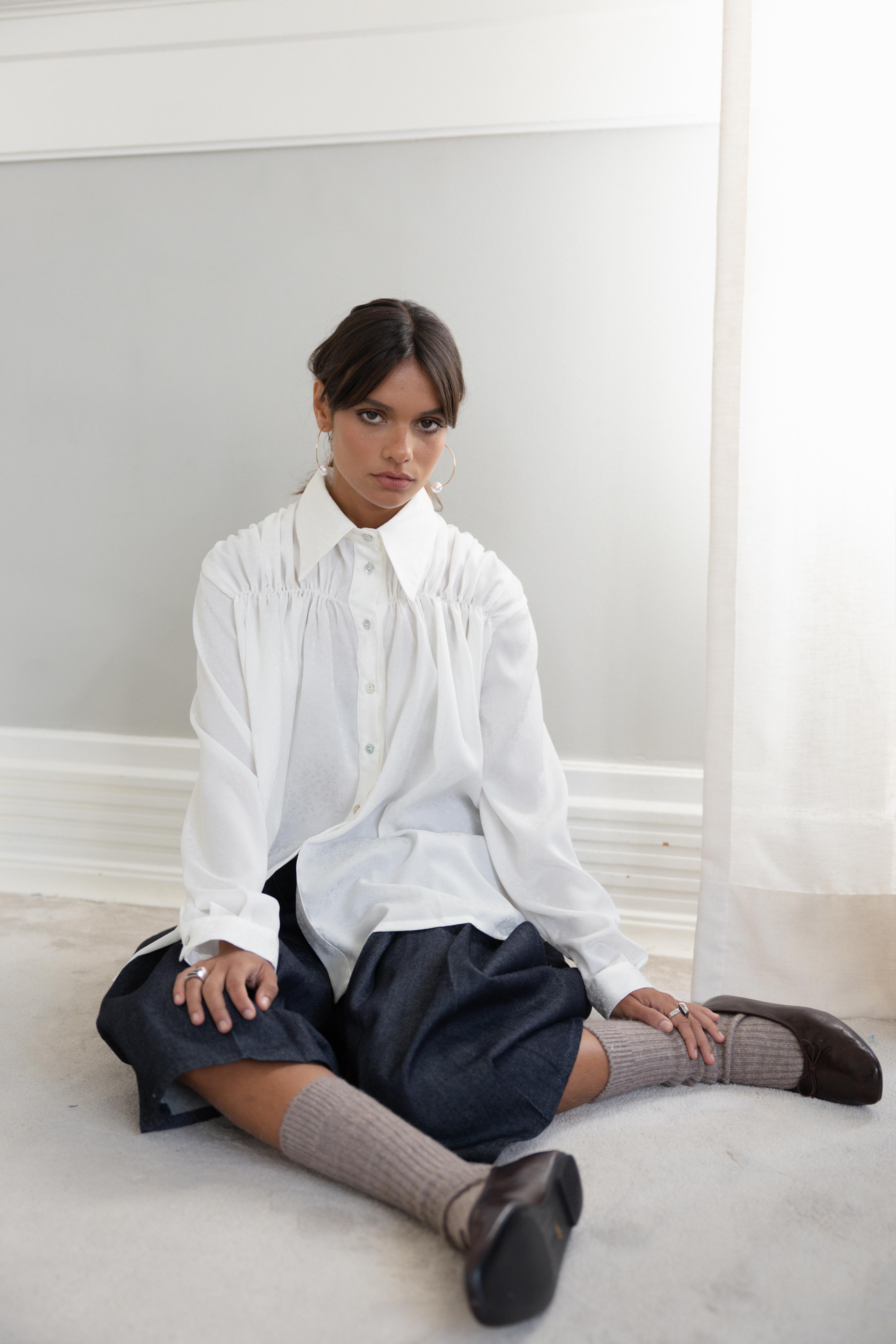 Shirred Shirt White Jacquard