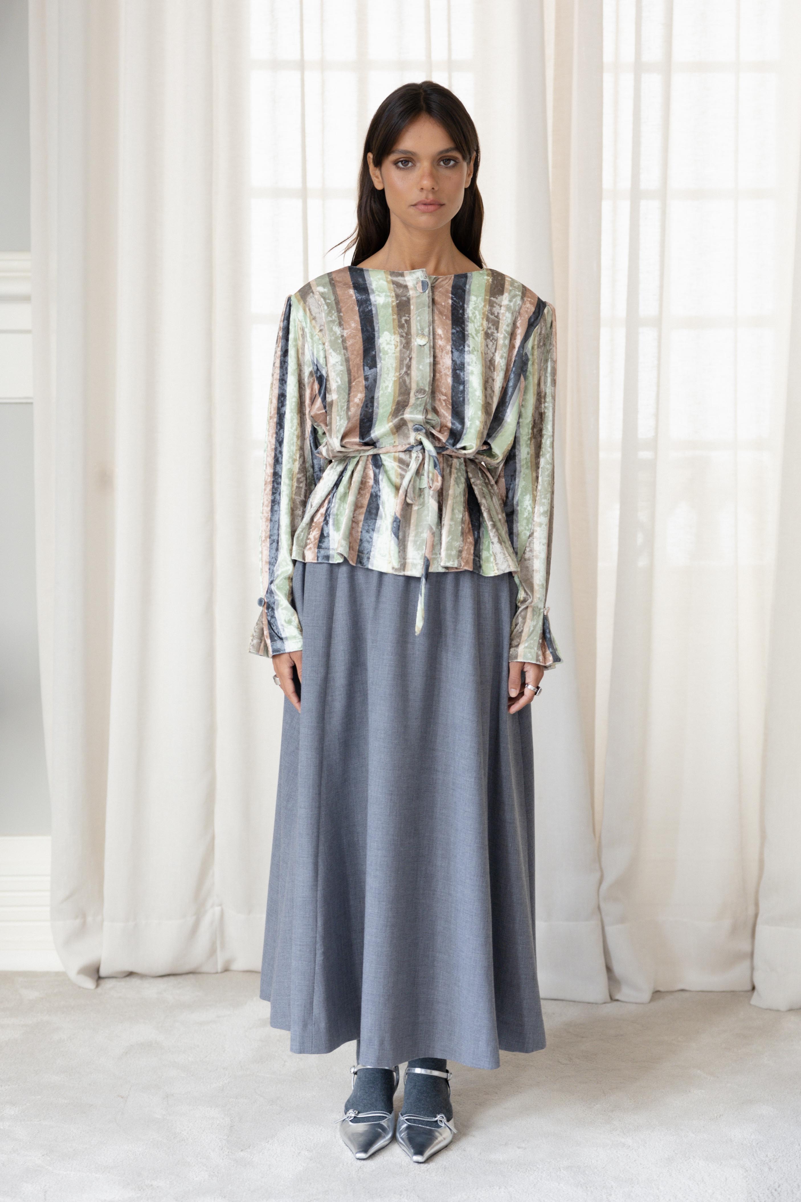 Round-Collar Shirt Striped Velvet