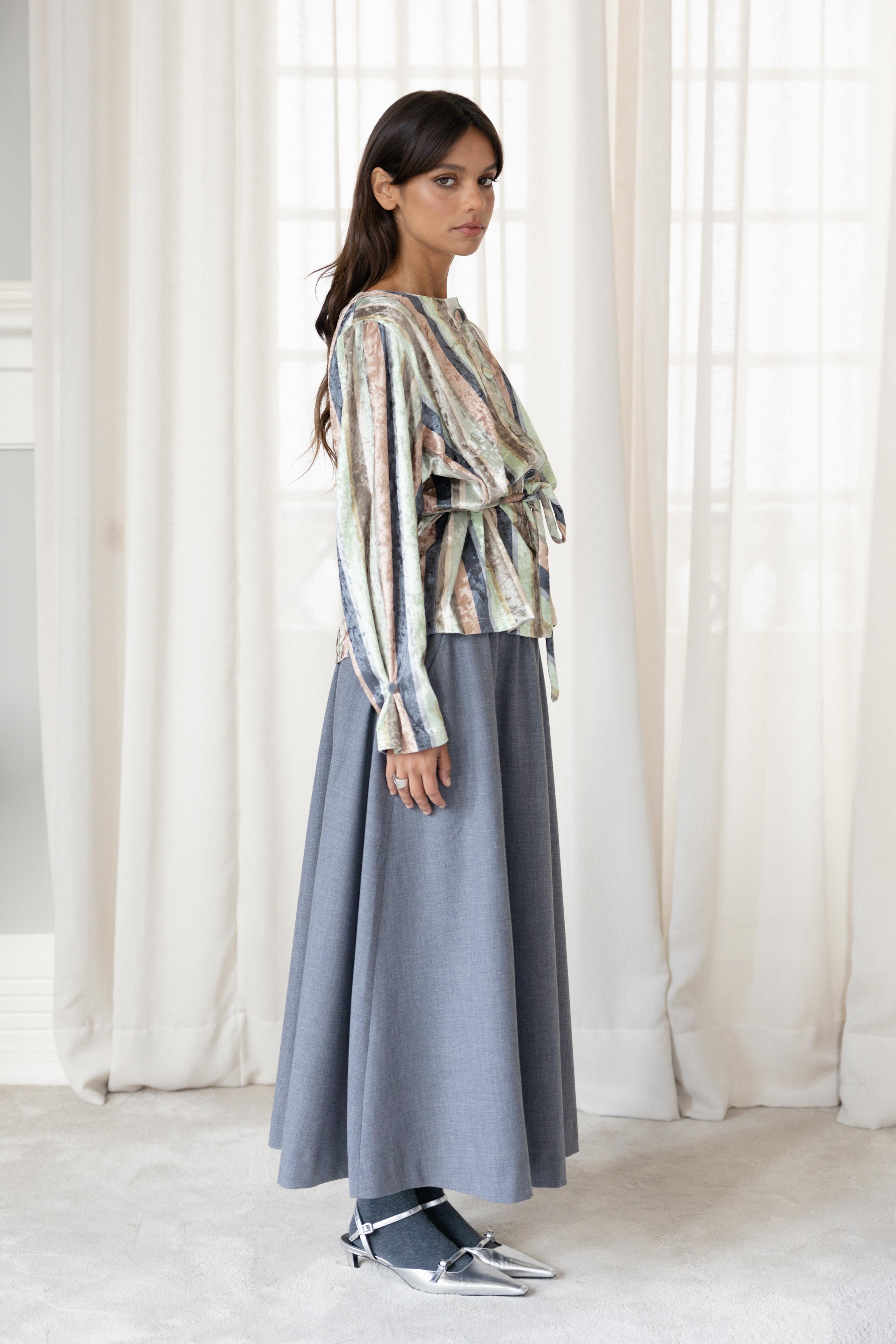 Round-Collar Shirt Striped Velvet