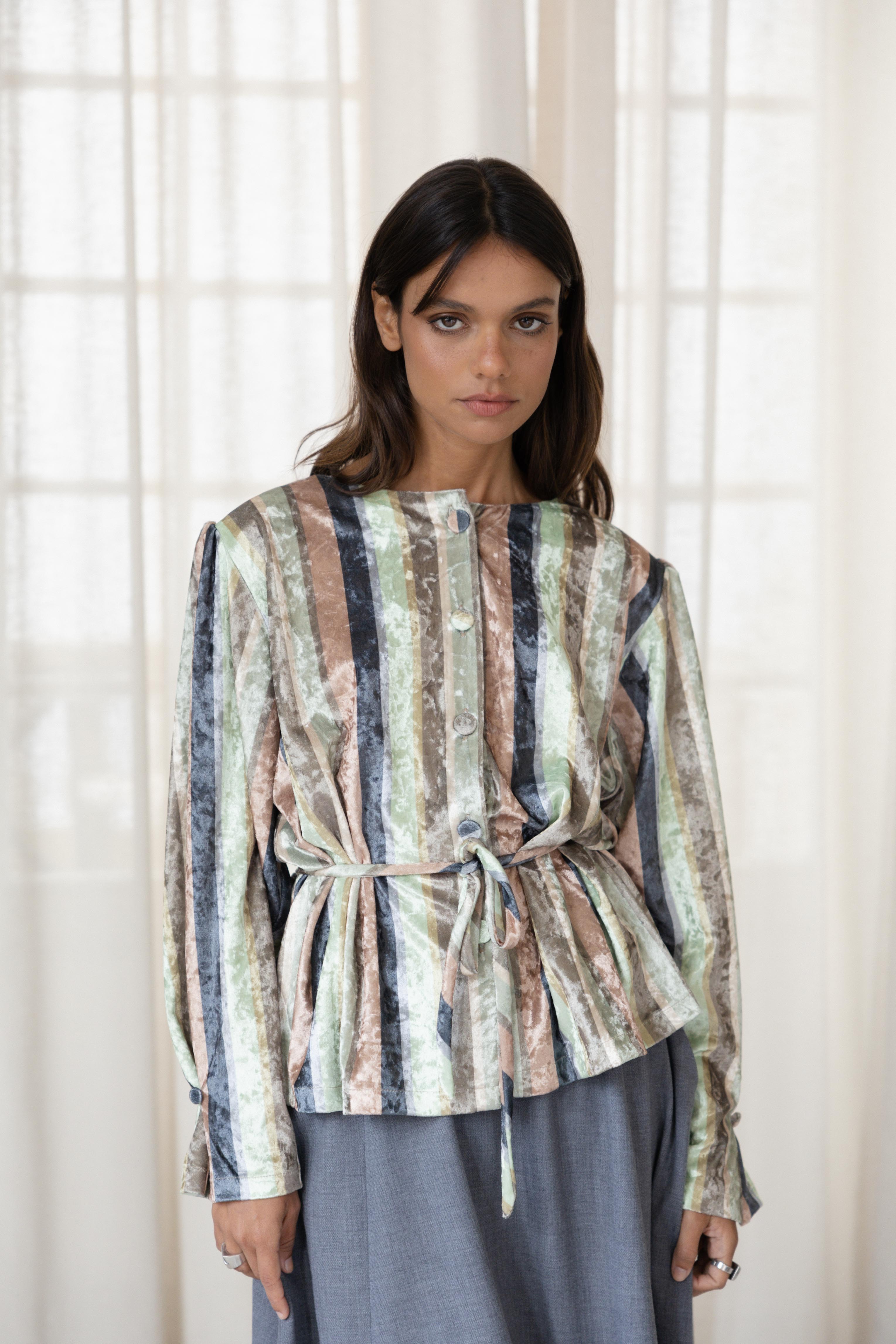 Round-Collar Shirt Striped Velvet