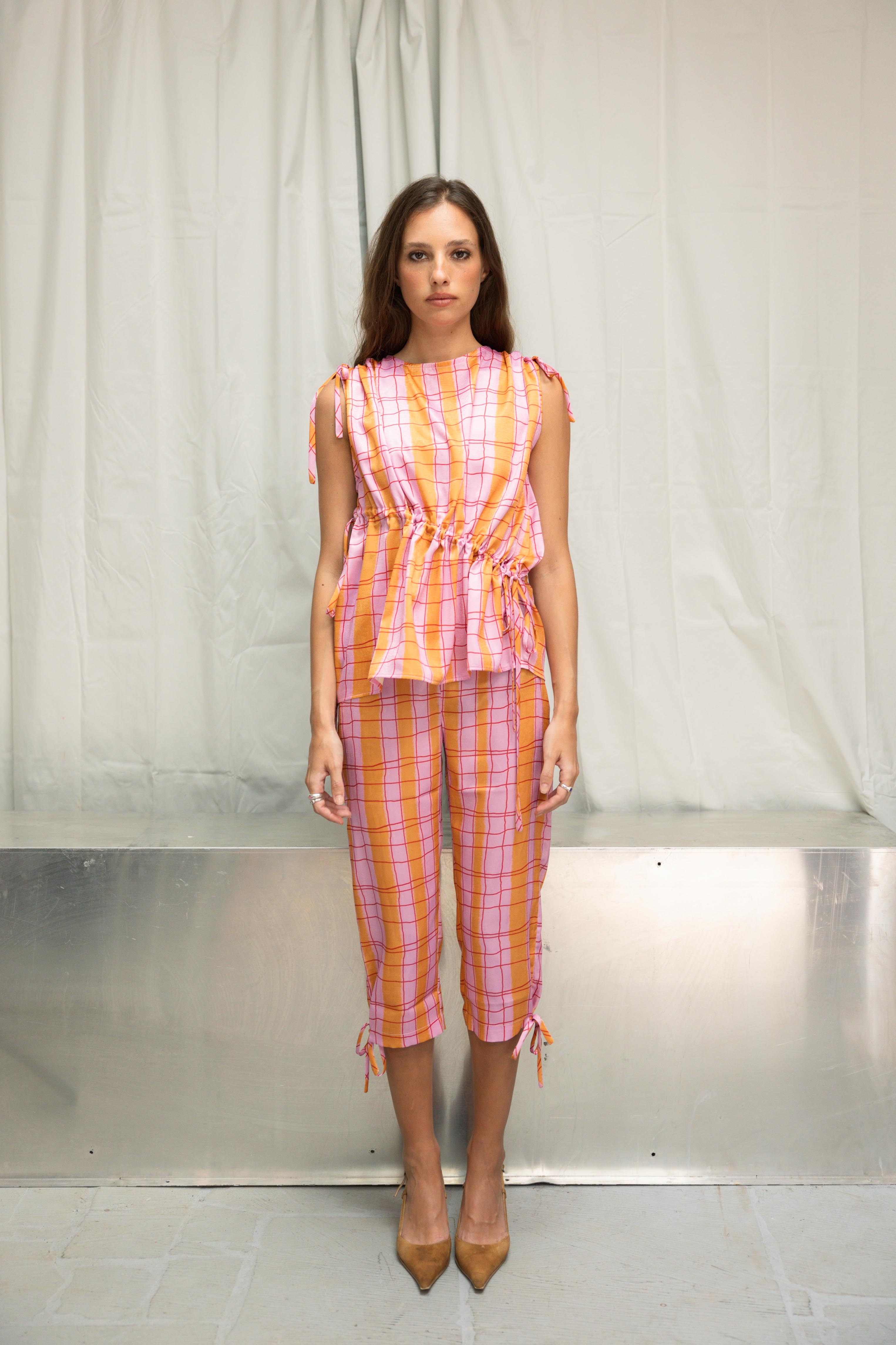 Calças Capri Xadrez Rosa e Laranja