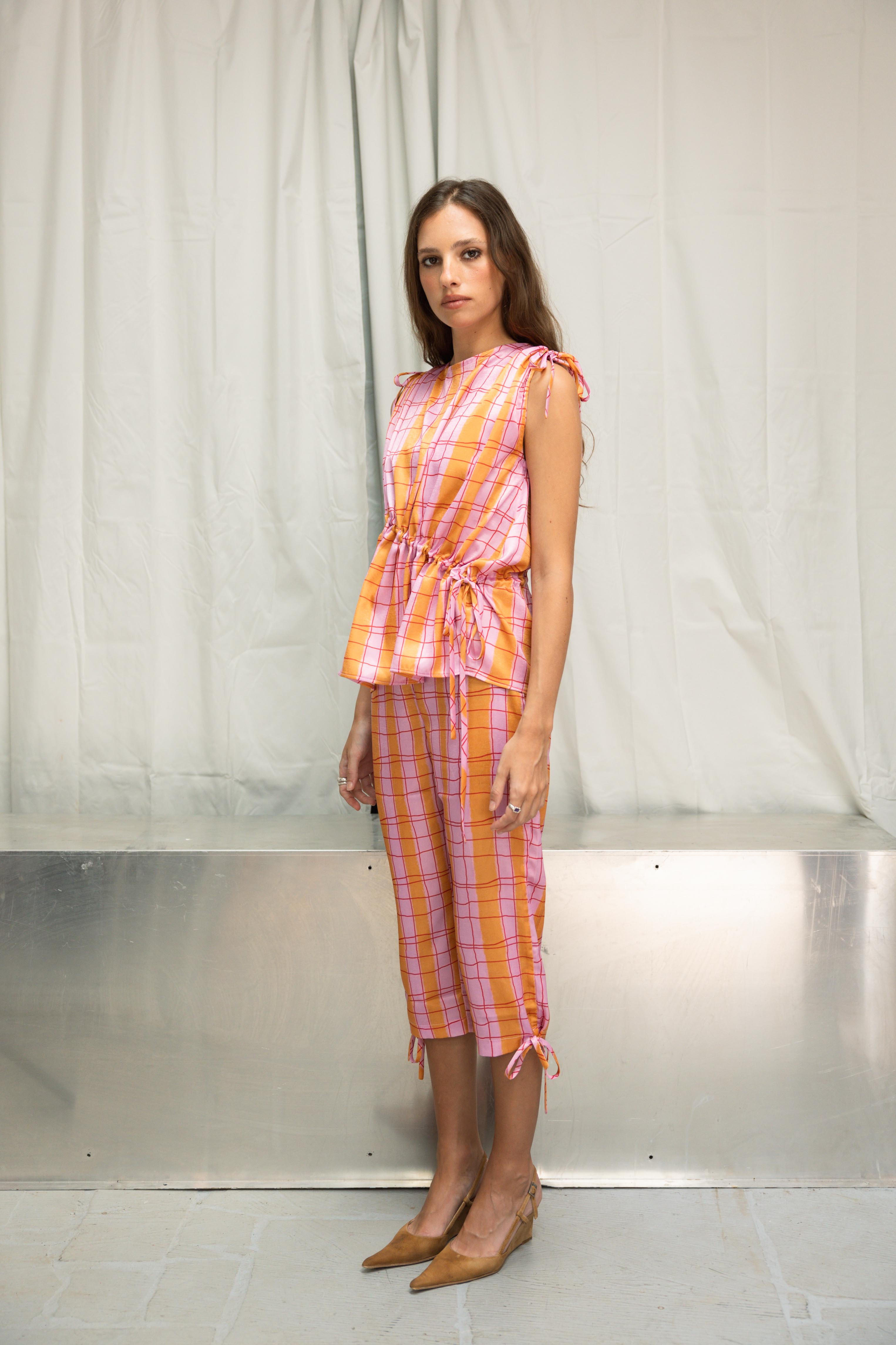 Calças Capri Xadrez Rosa e Laranja