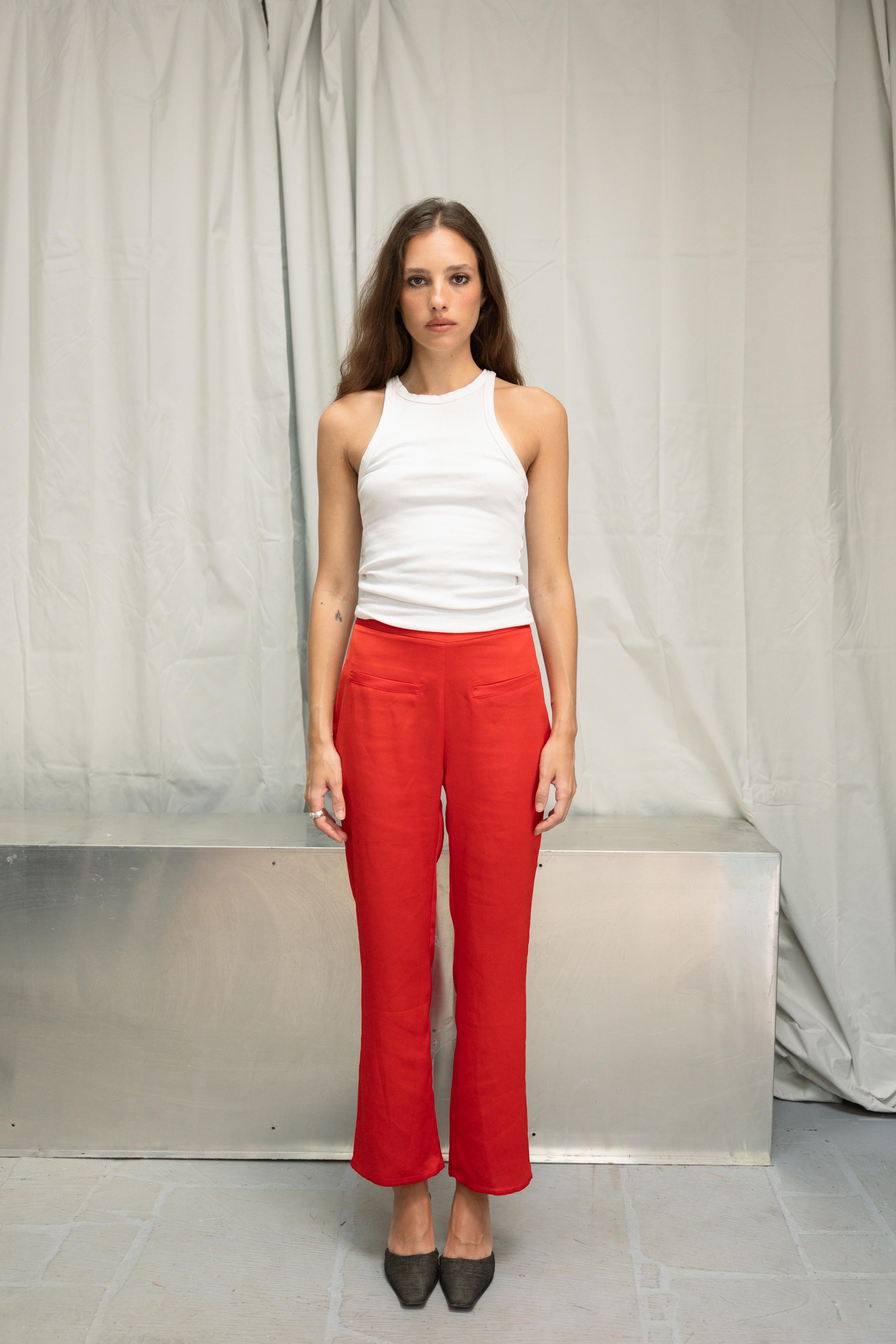 Calças Bolsos Embutidos Vermelho