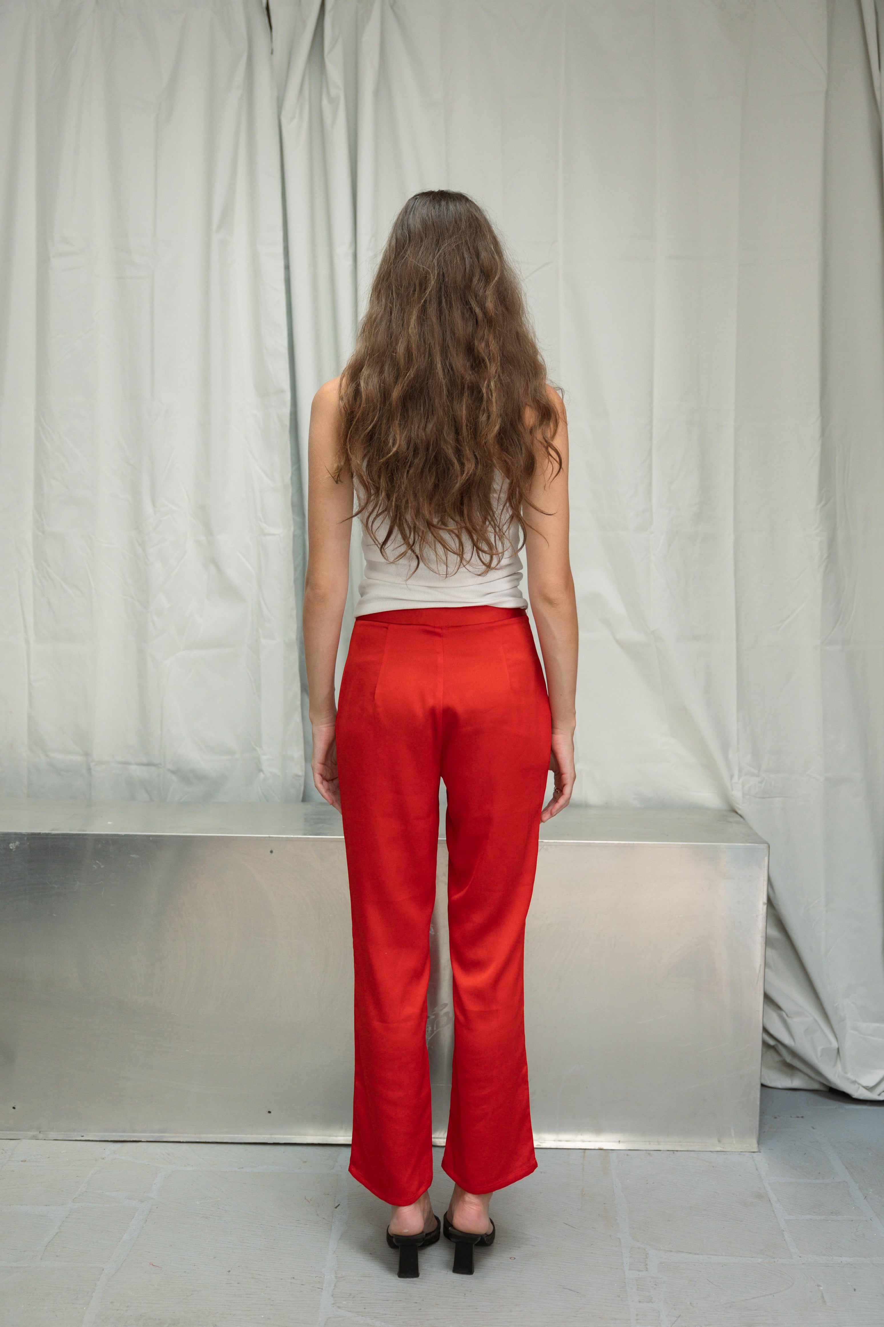 Calças Bolsos Embutidos Vermelho