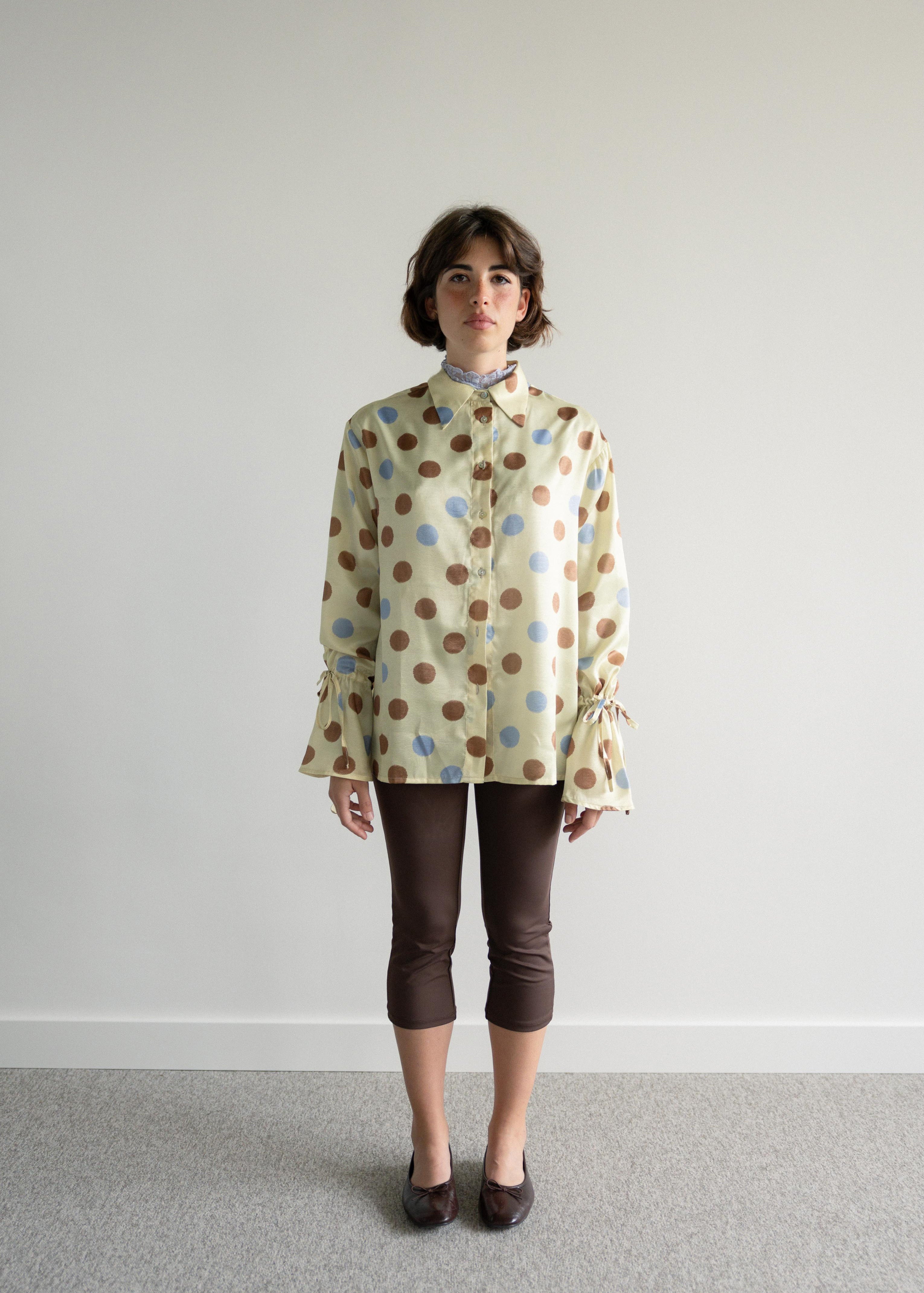 Camisa Mangas com Atilhos Polka Dots