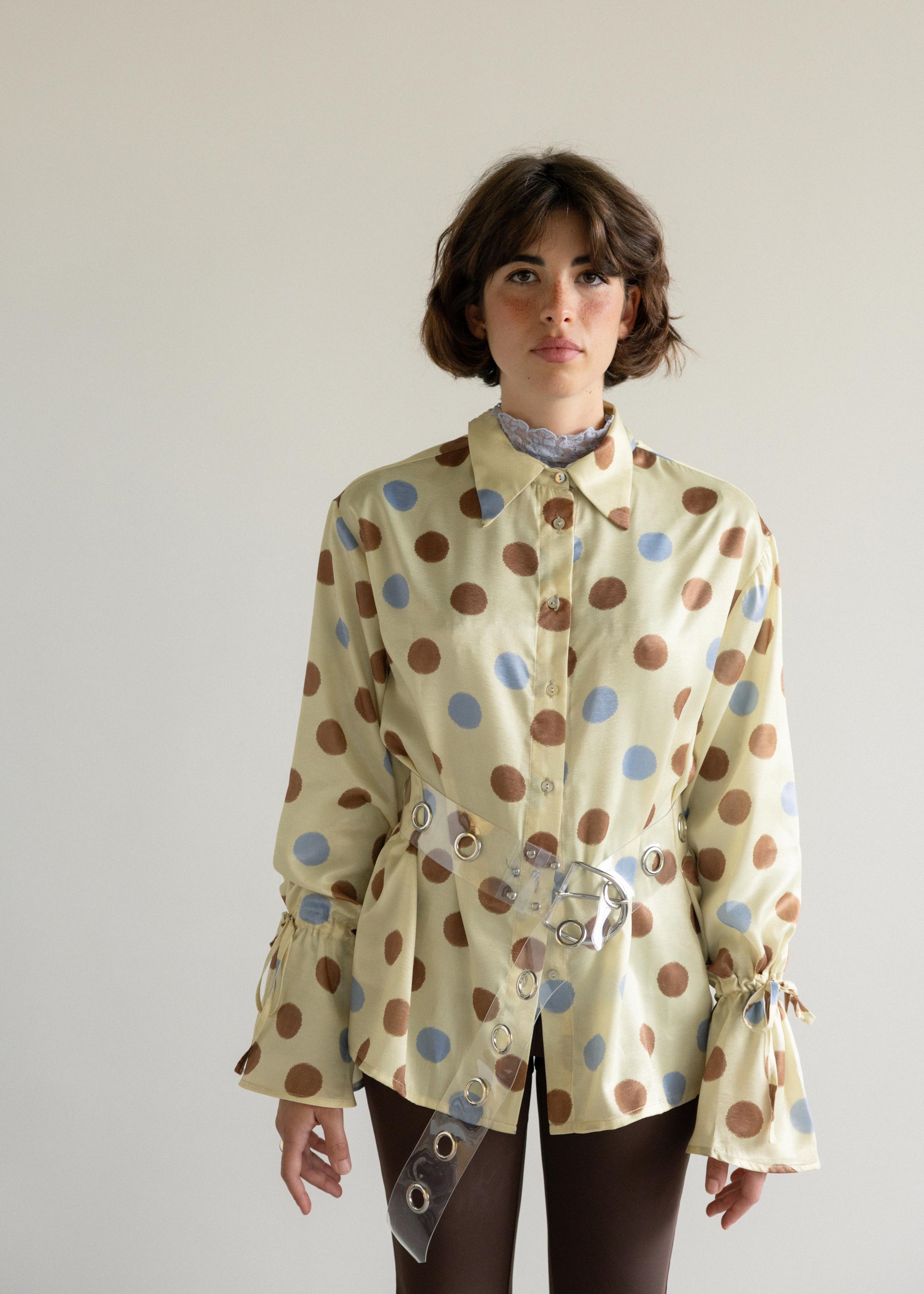 Camisa Mangas com Atilhos Polka Dots