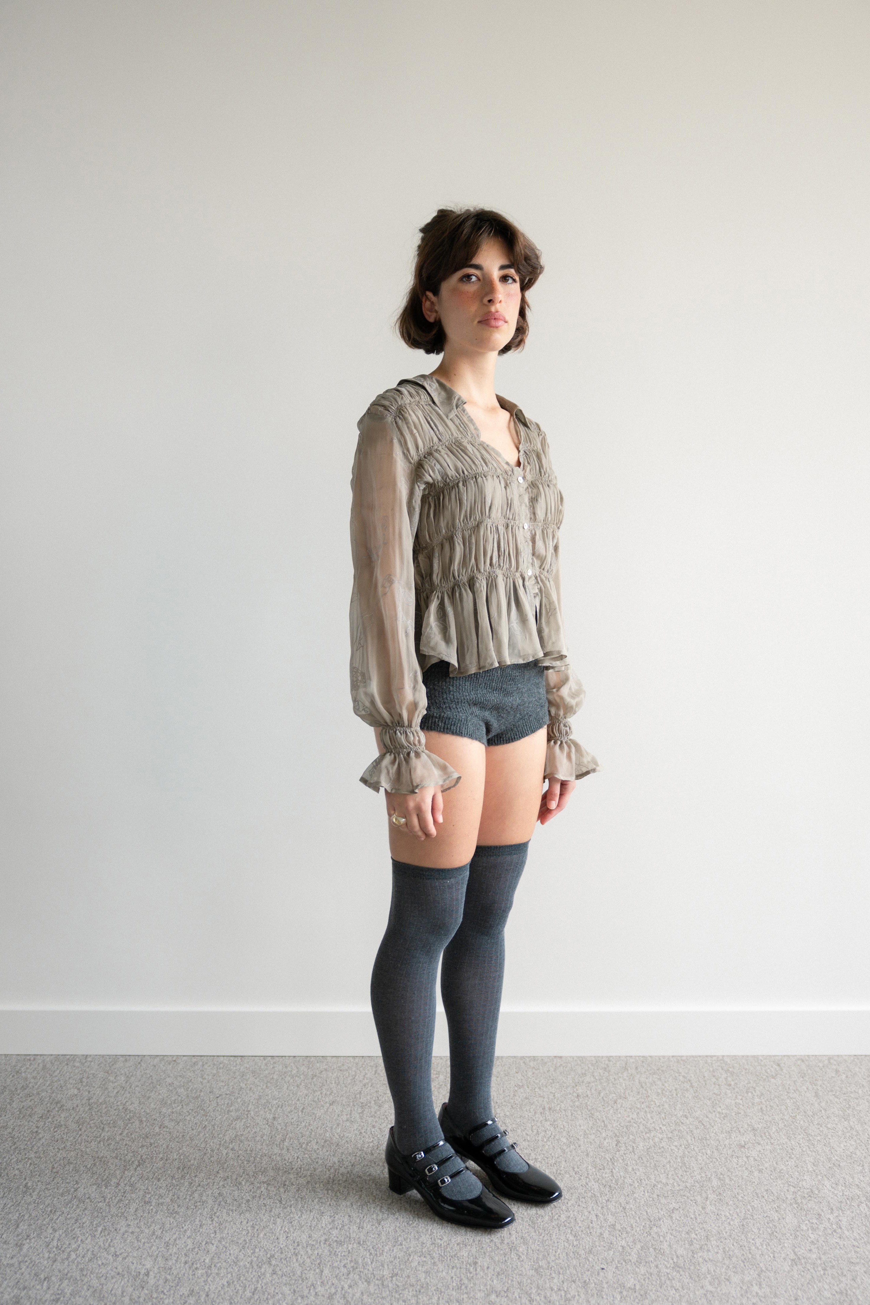 Shirred Shirt with Buttons Grey