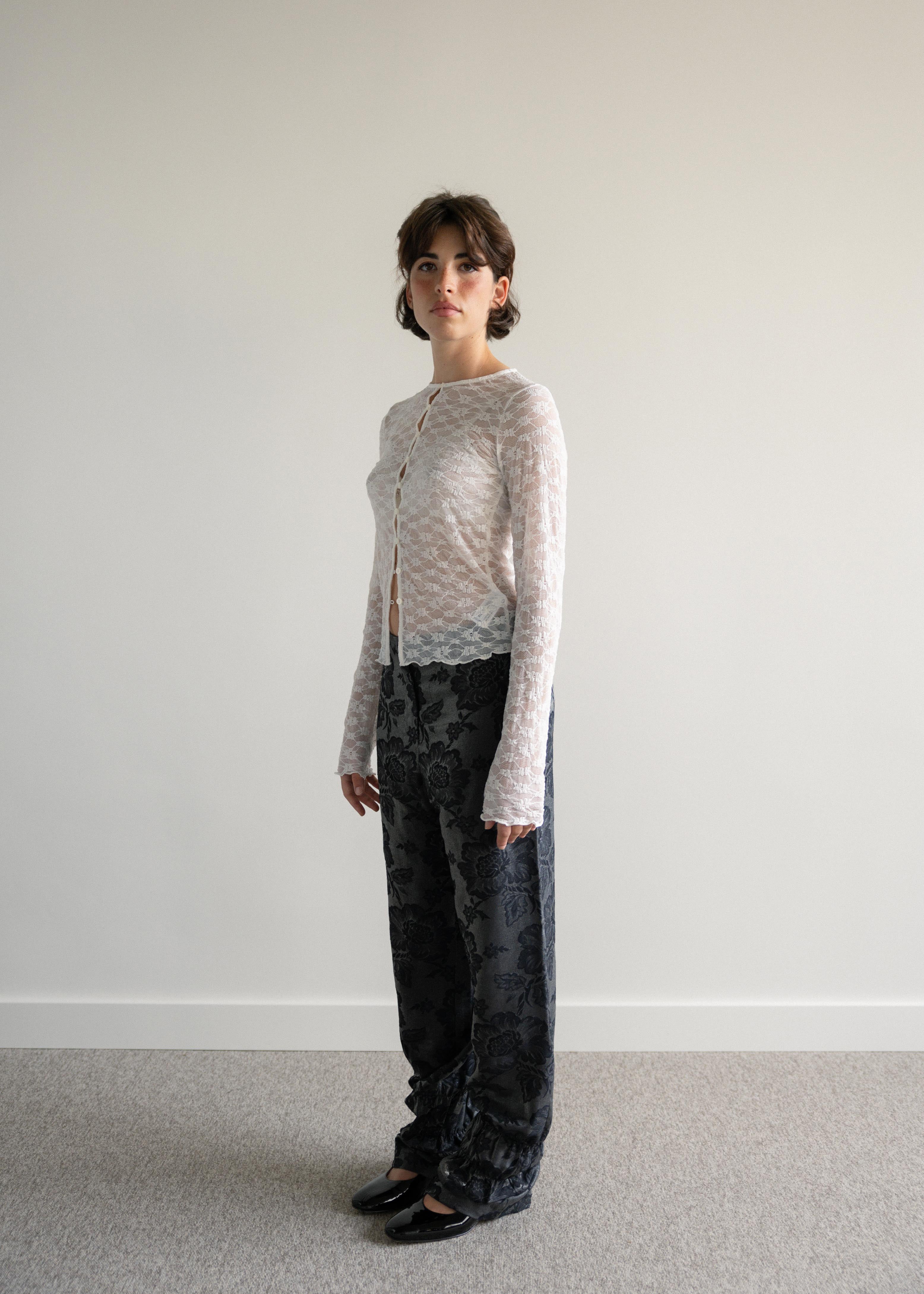 Calças com Franzidos Floral Preto