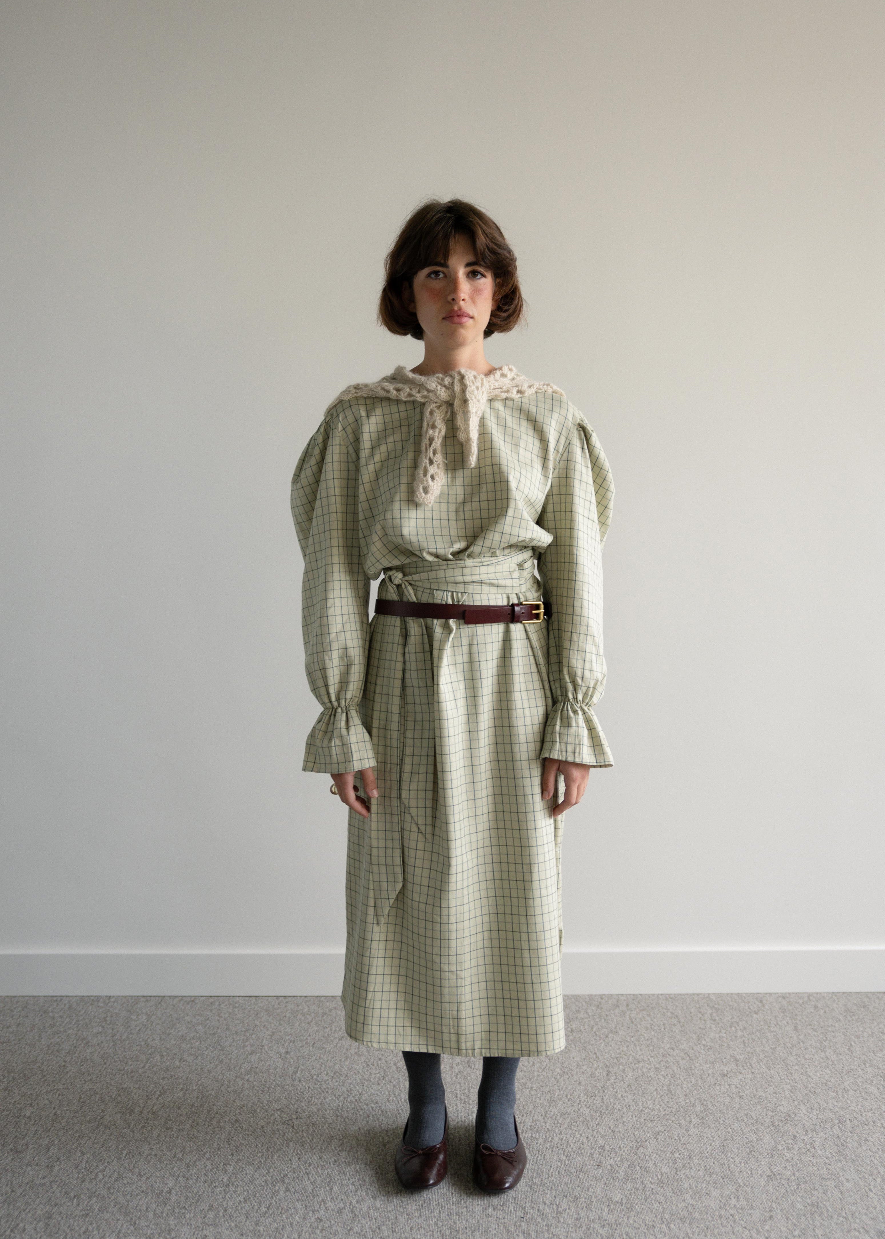 Vestido Midi com Cinto Quadrados Verde