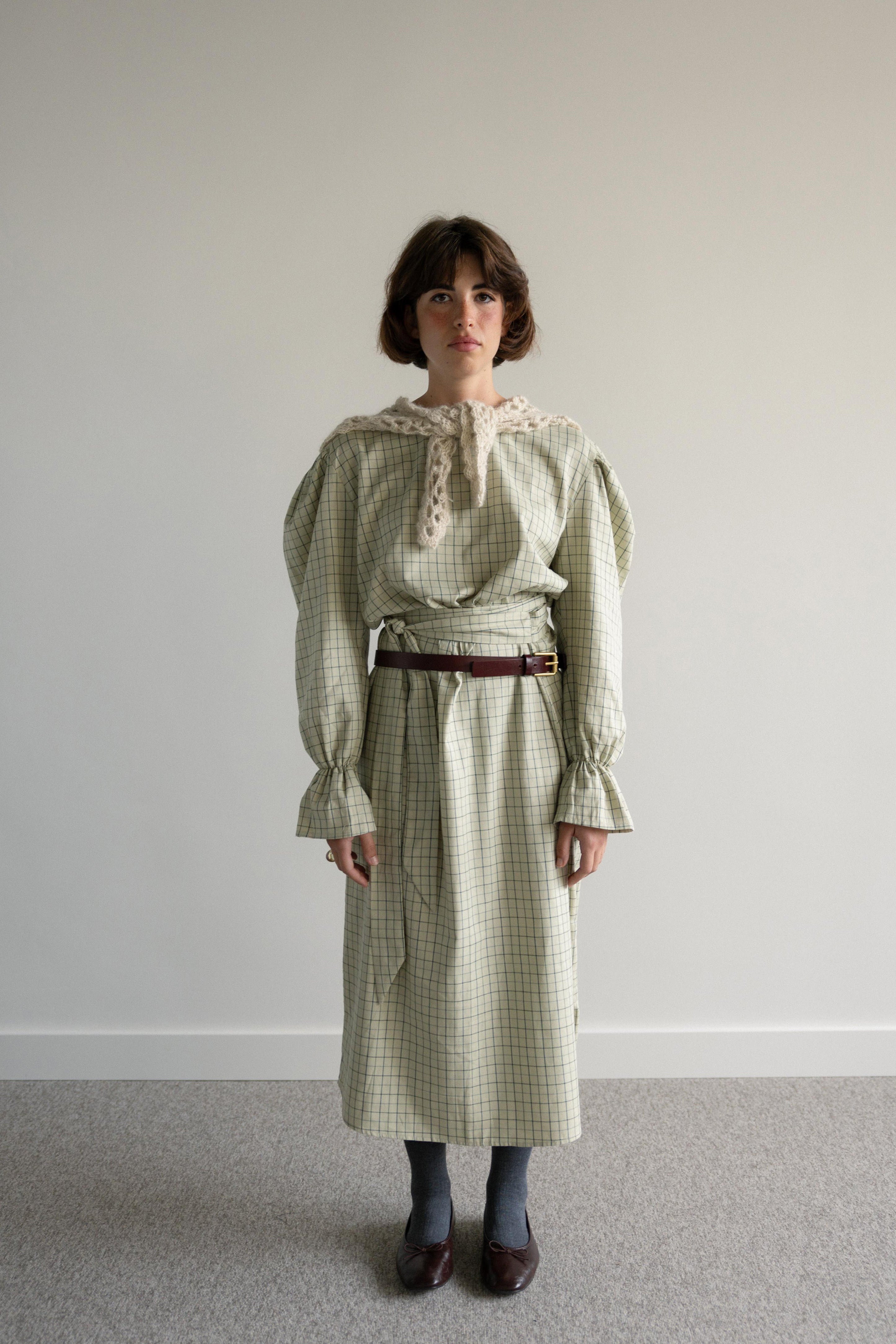 Vestido Midi com Cinto Quadrados Verde