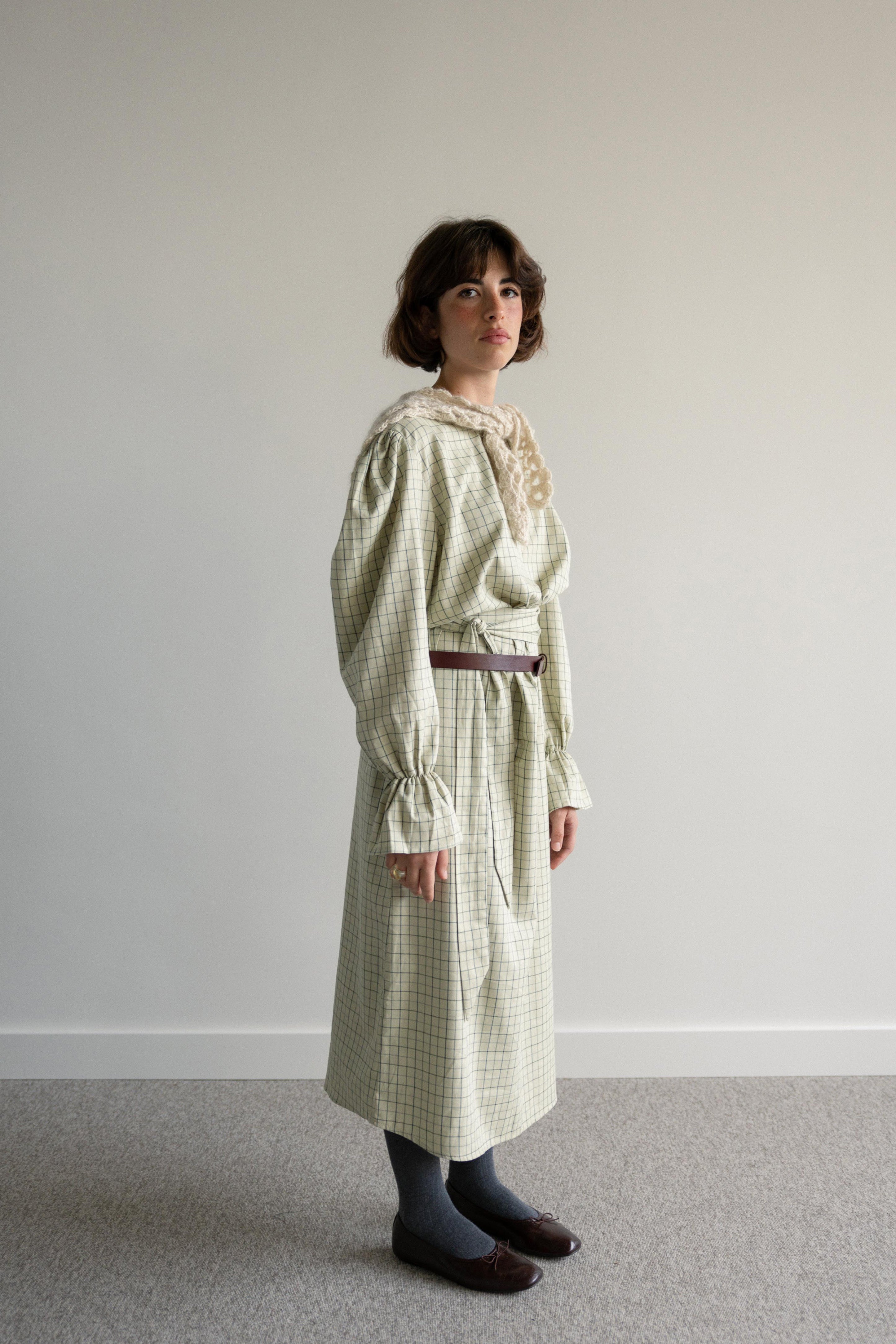 Vestido Midi com Cinto Quadrados Verde