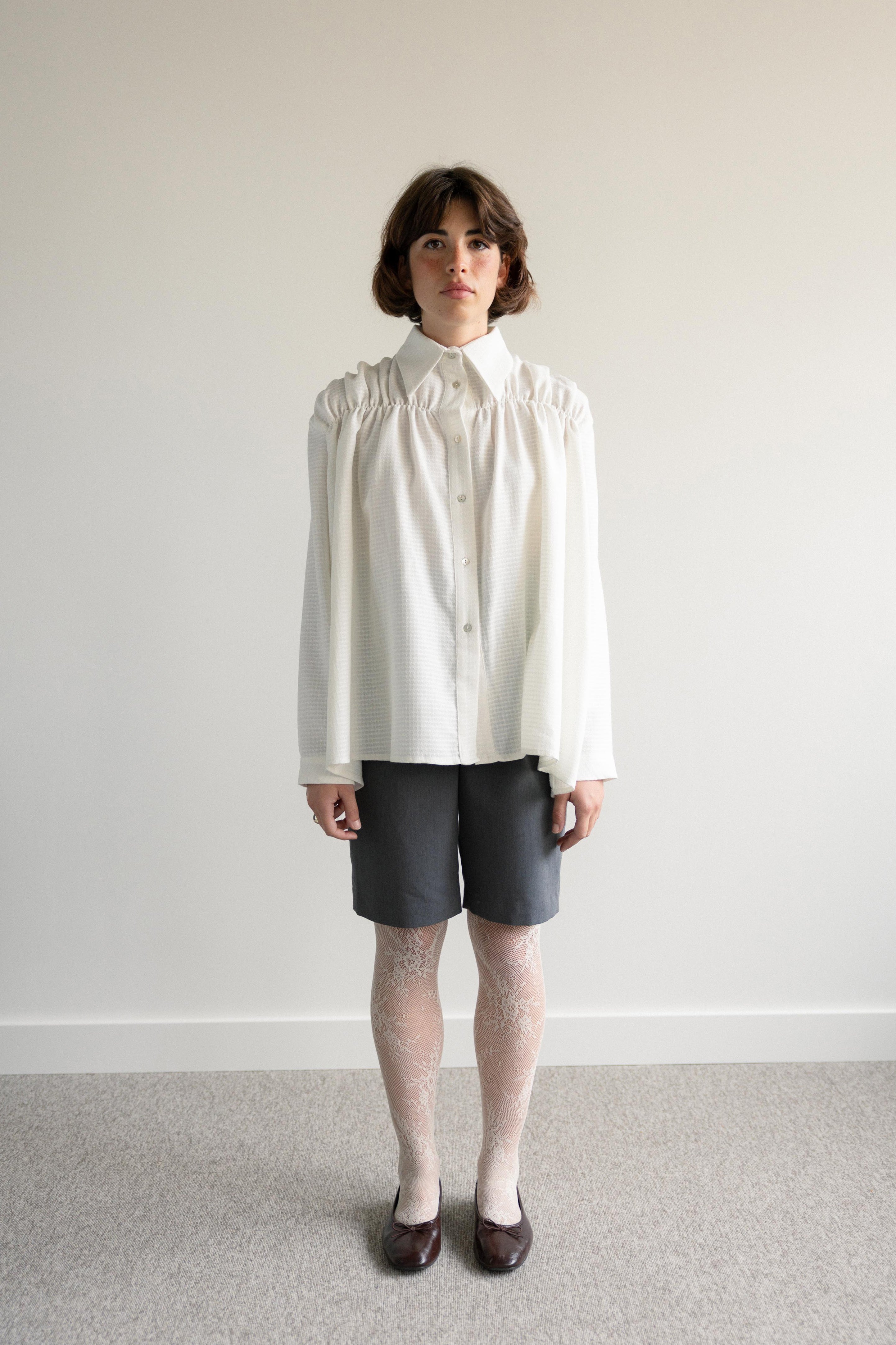 Shirred Shirt White Piquet