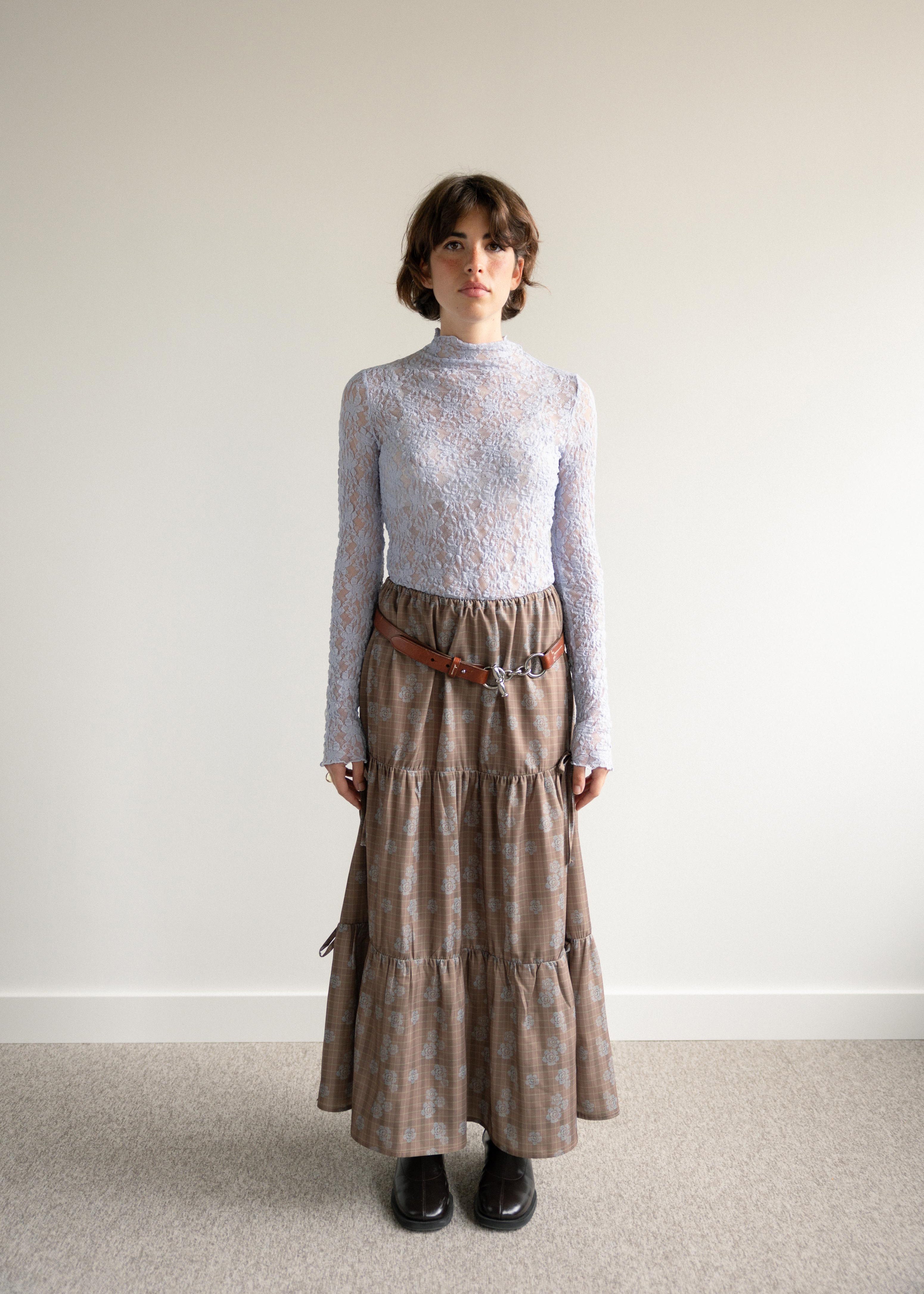 Saia Midi Painéis Xadrez e Flores