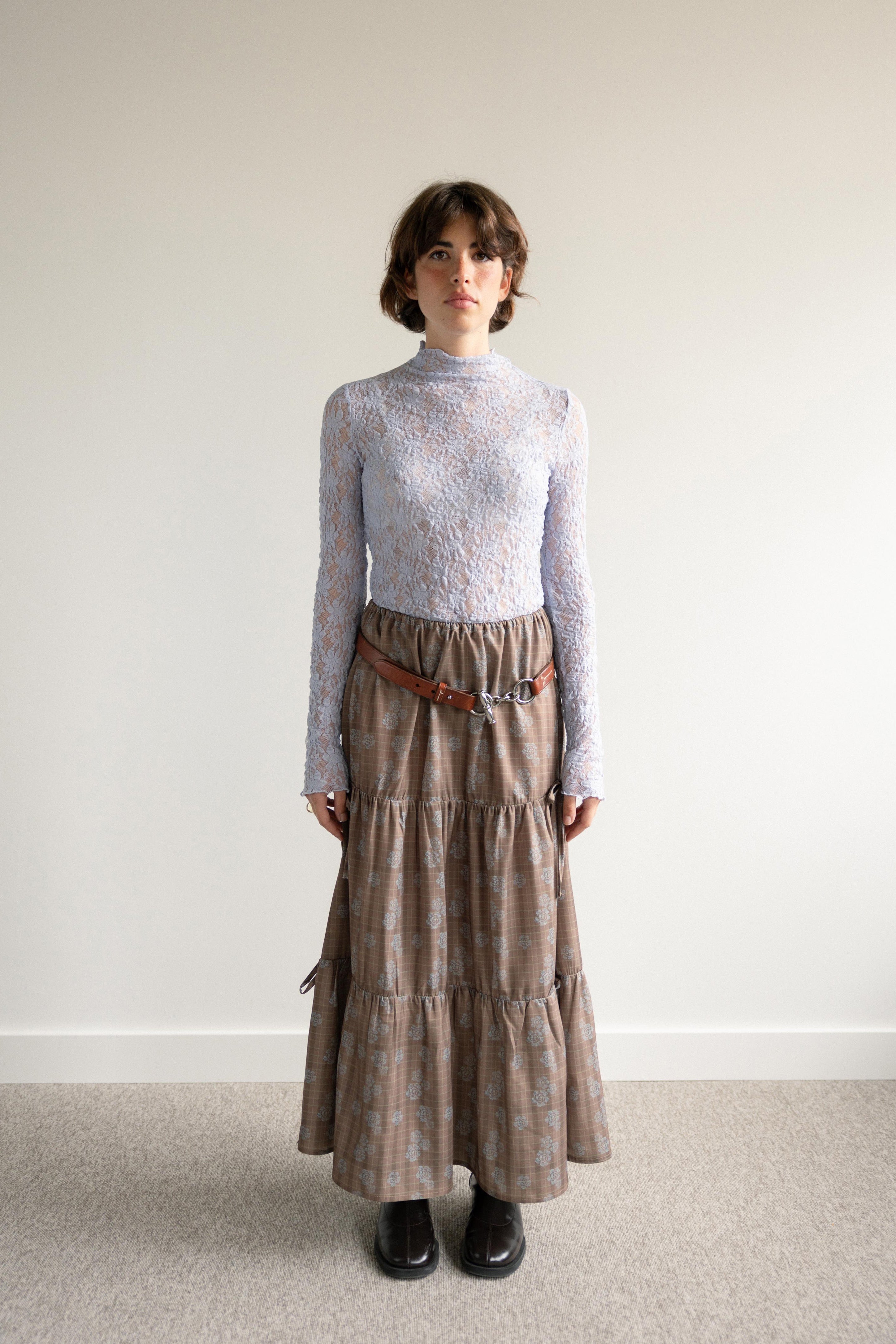 Saia Midi Painéis Xadrez e Flores