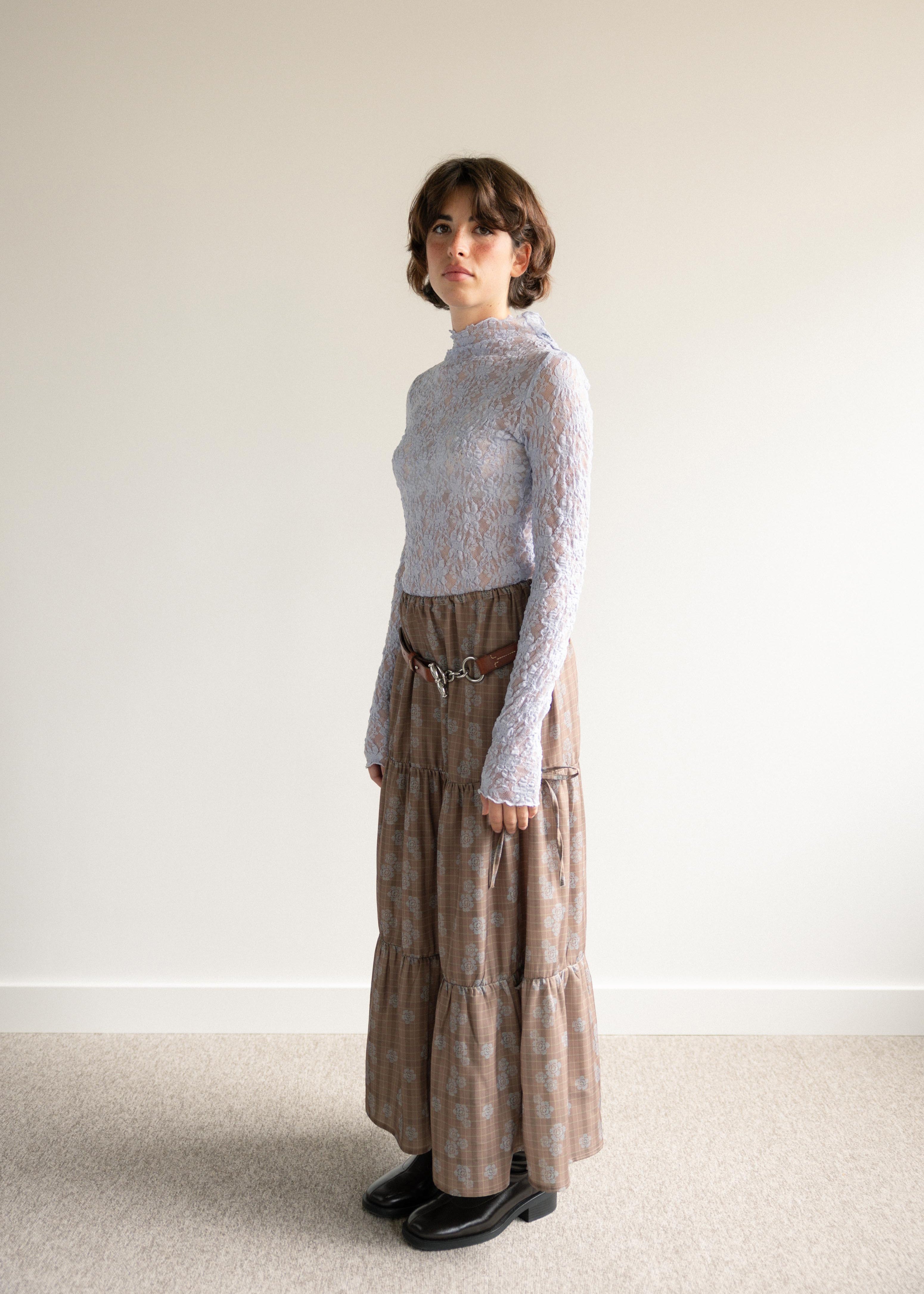 Saia Midi Painéis Xadrez e Flores