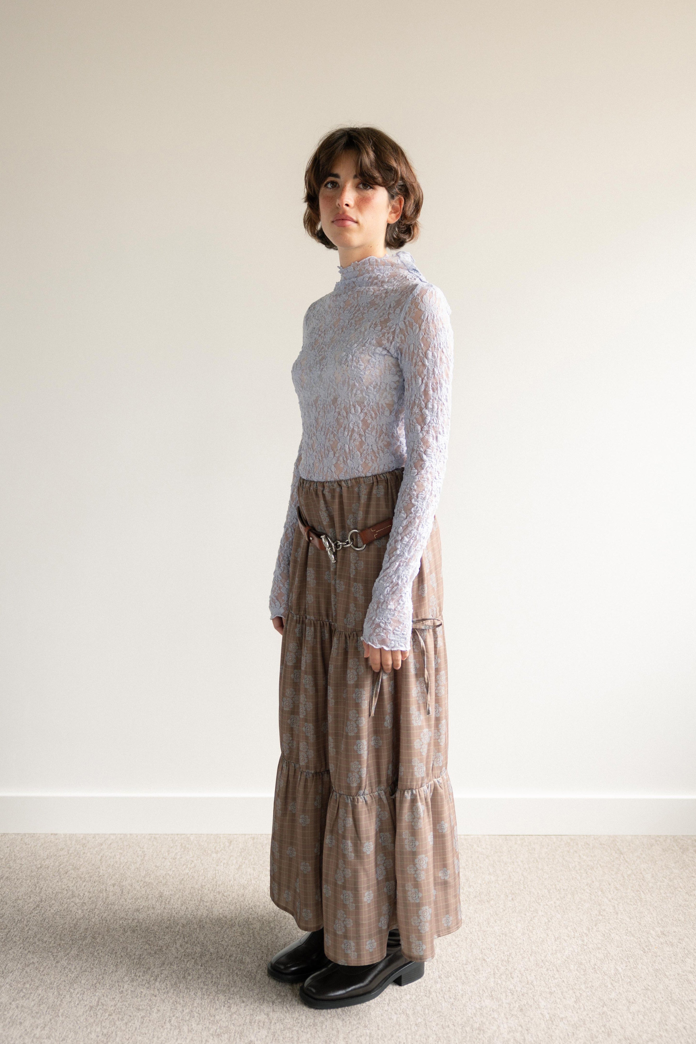 Saia Midi Painéis Xadrez e Flores