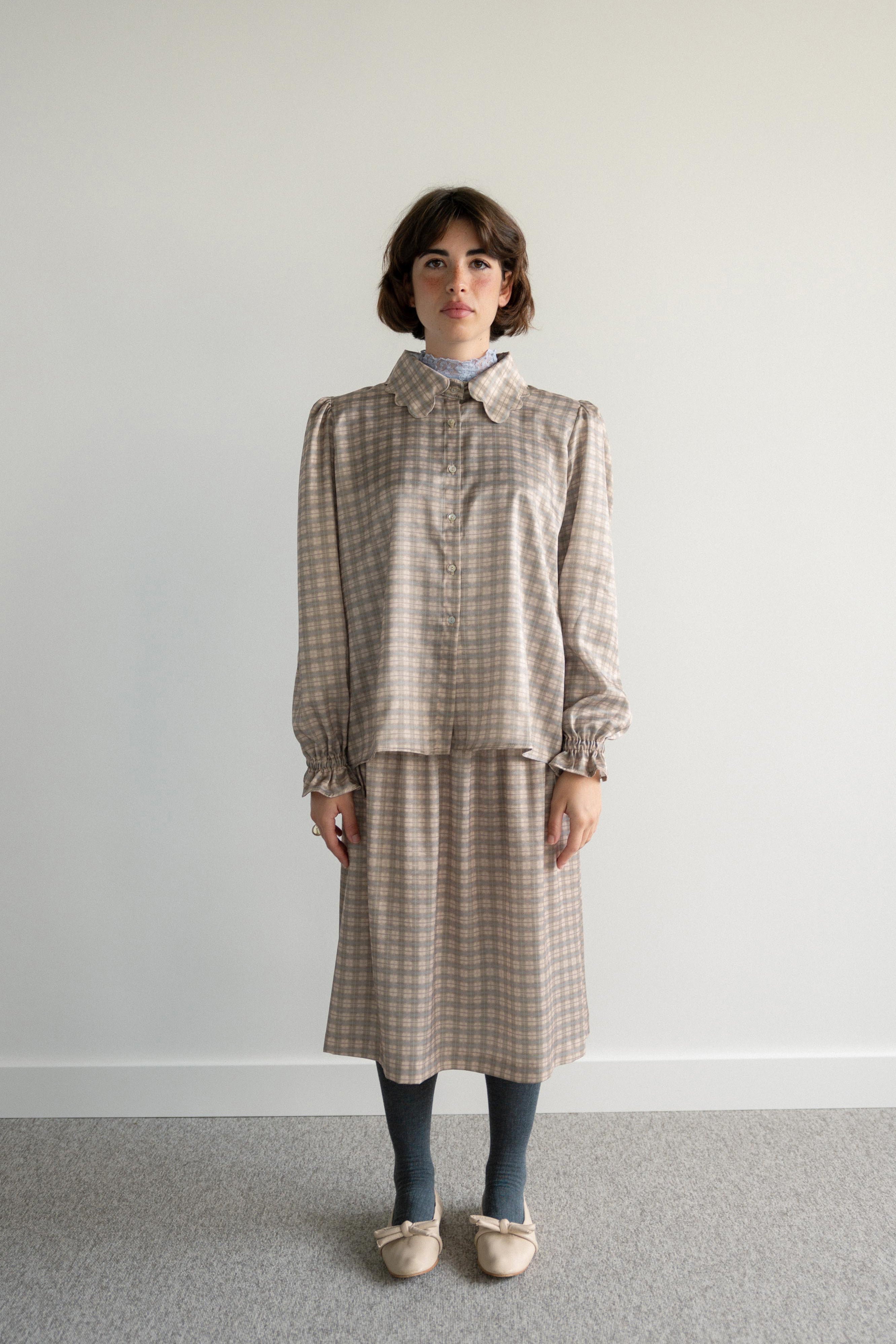 Cutout-Collar Shirt Green and Pink Tartan