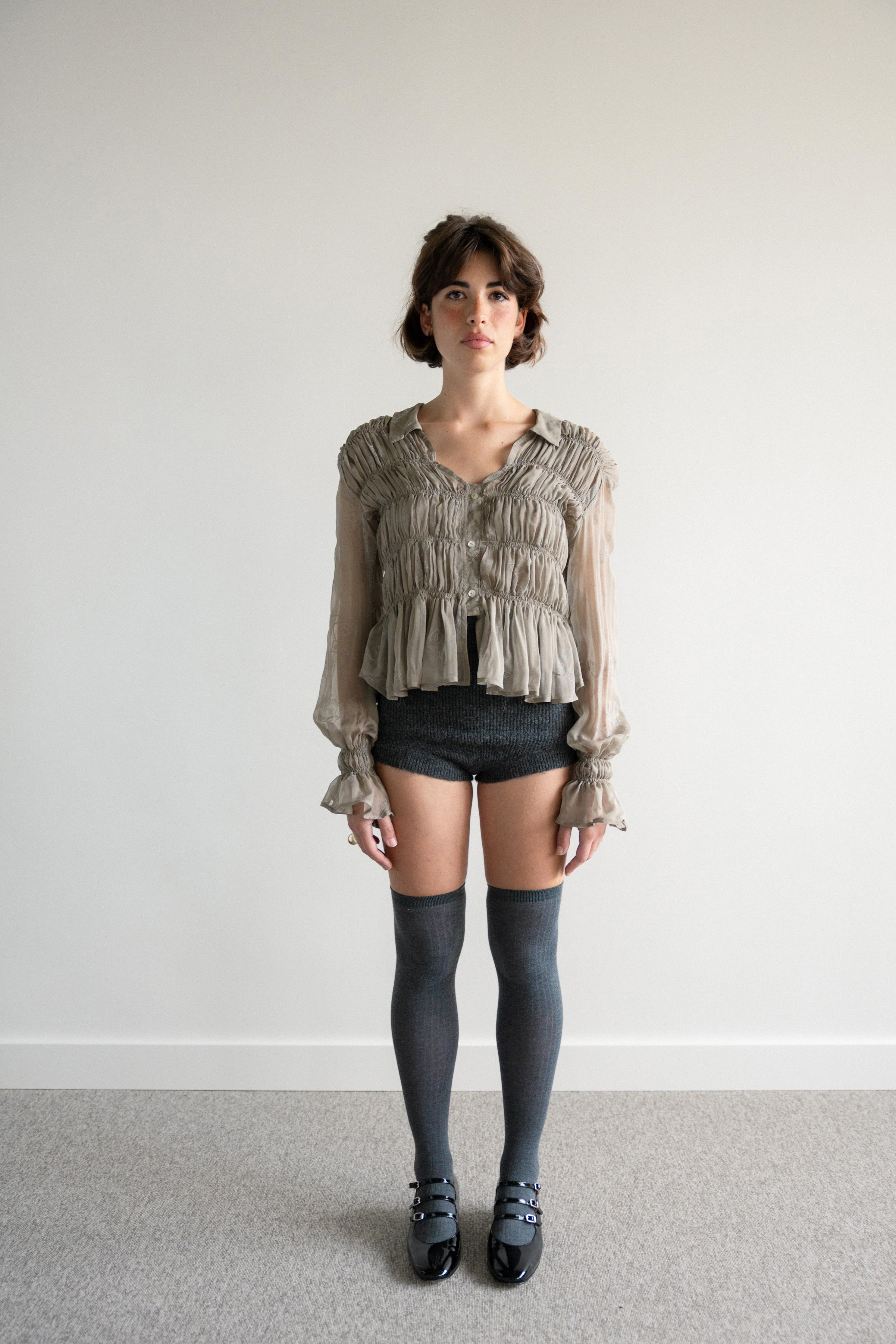 Shirred Shirt with Buttons Grey