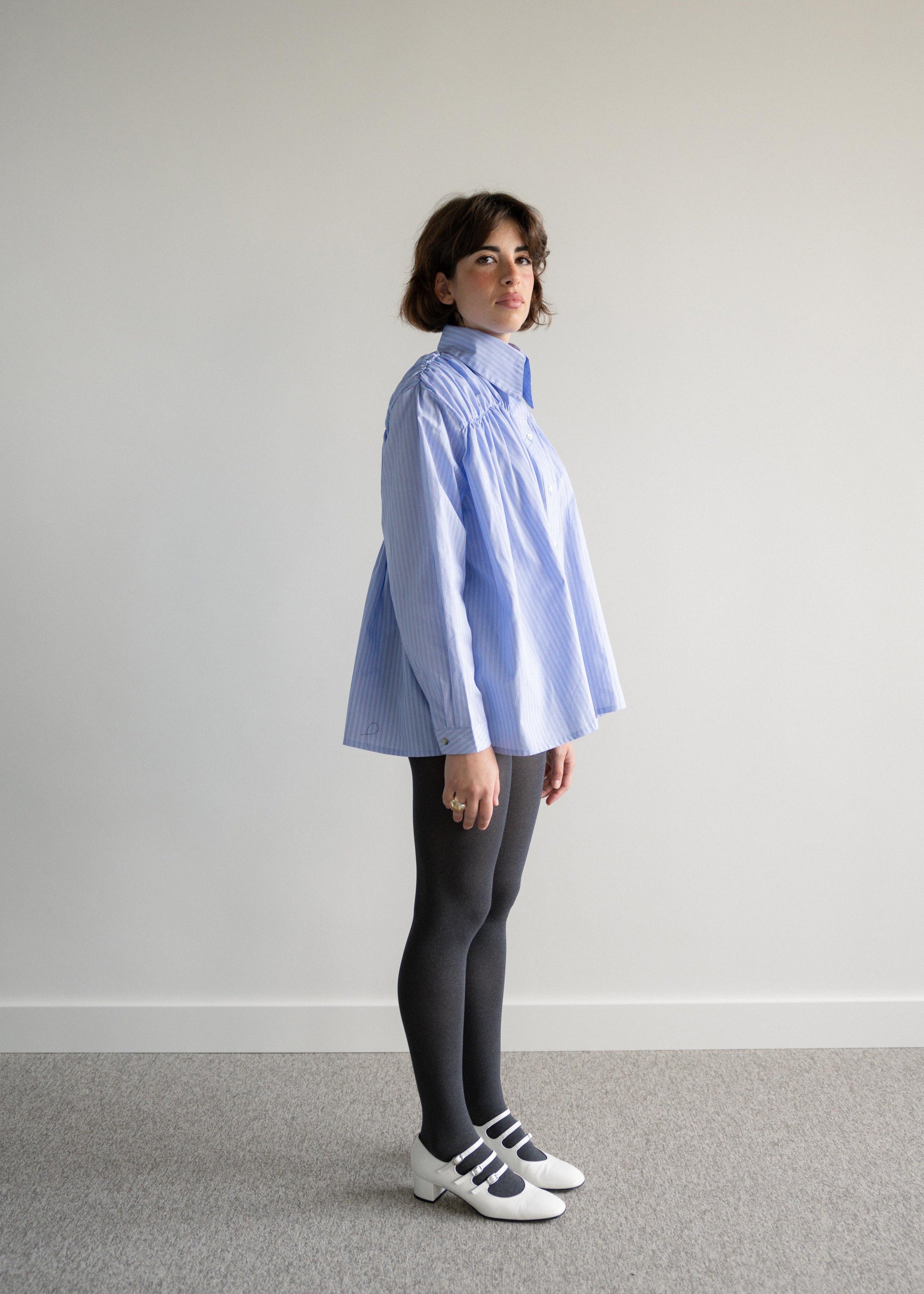 Camisa Franzidos Riscas Azul e Rosa