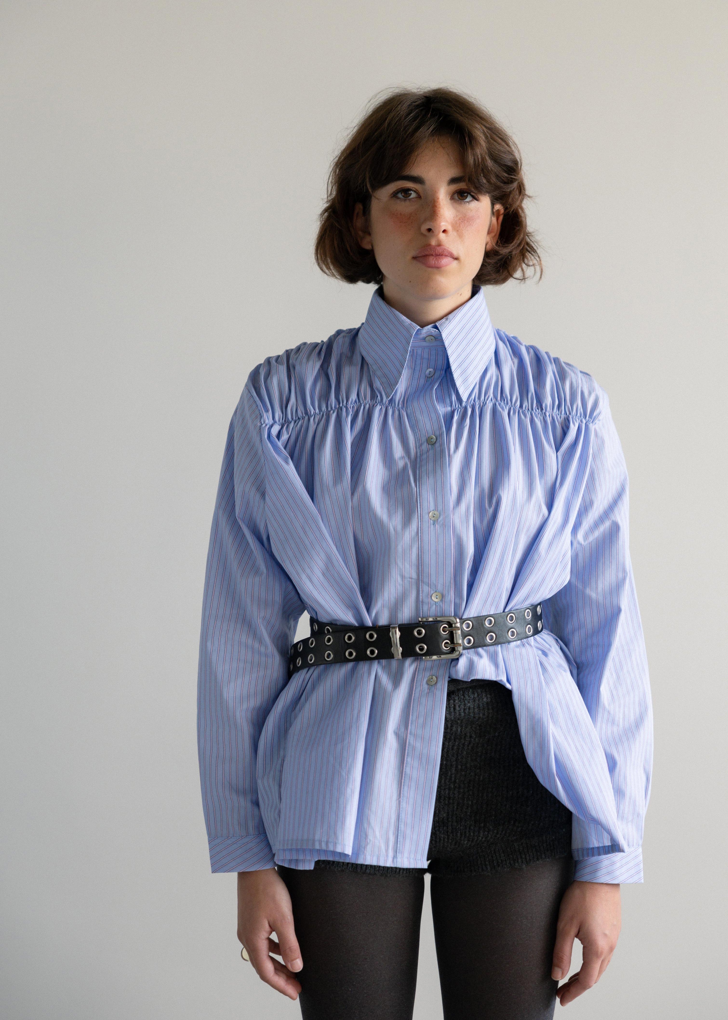 Camisa Franzidos Riscas Azul e Rosa